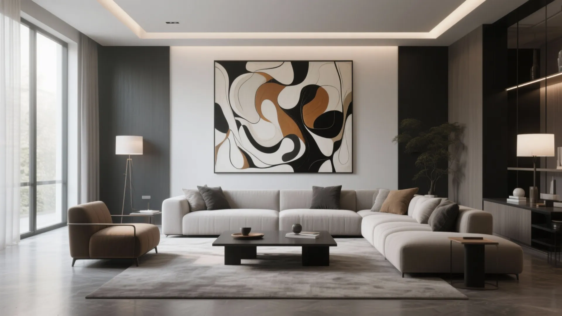 Modern living room featuring large abstract wall art white sectional sofa coffee table and floor lamp