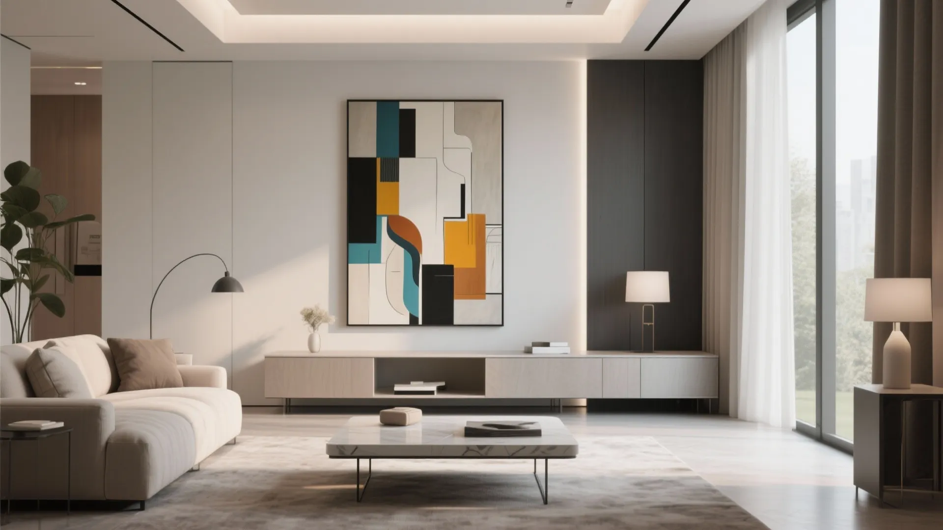 Minimalist living room with large abstract wall art above a low cabinet and marble table
