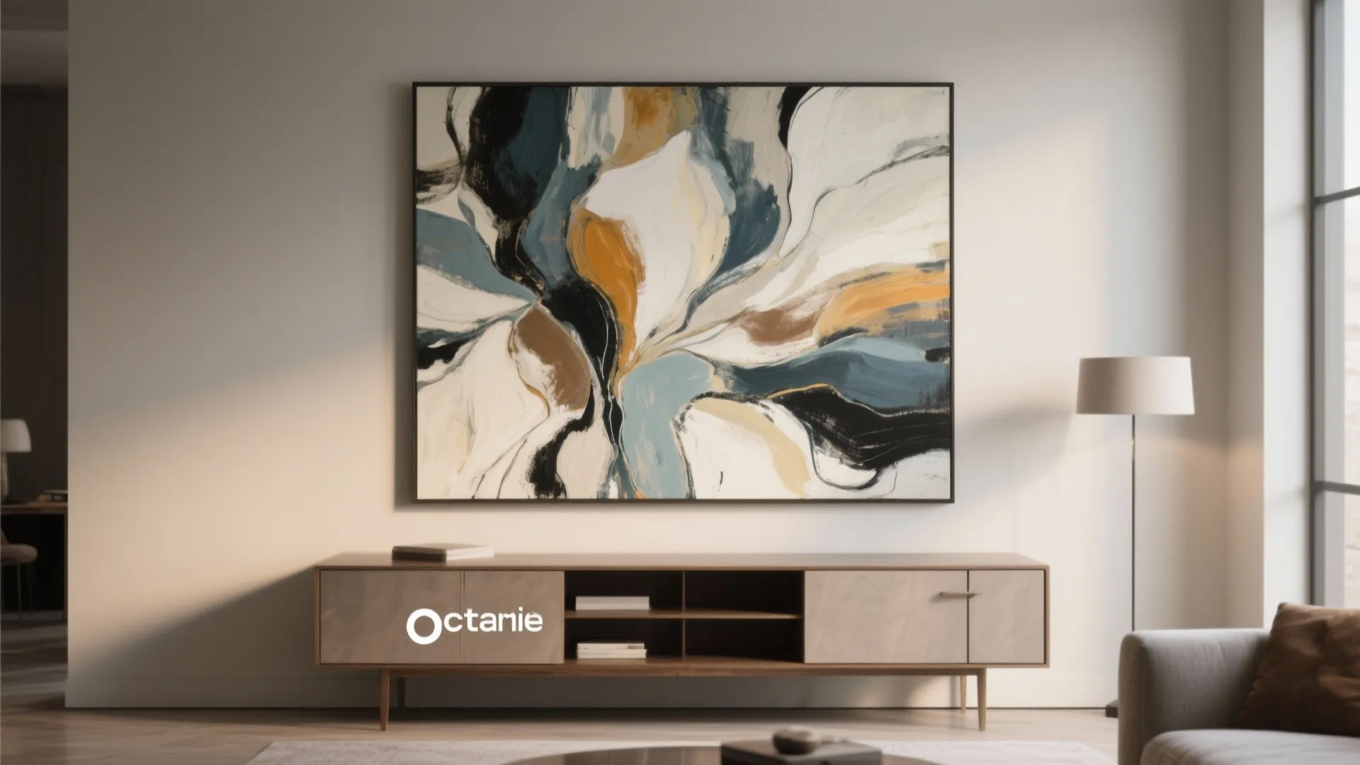 Large abstract wall art hanging above wooden cabinet with floor lamp and sofa in room