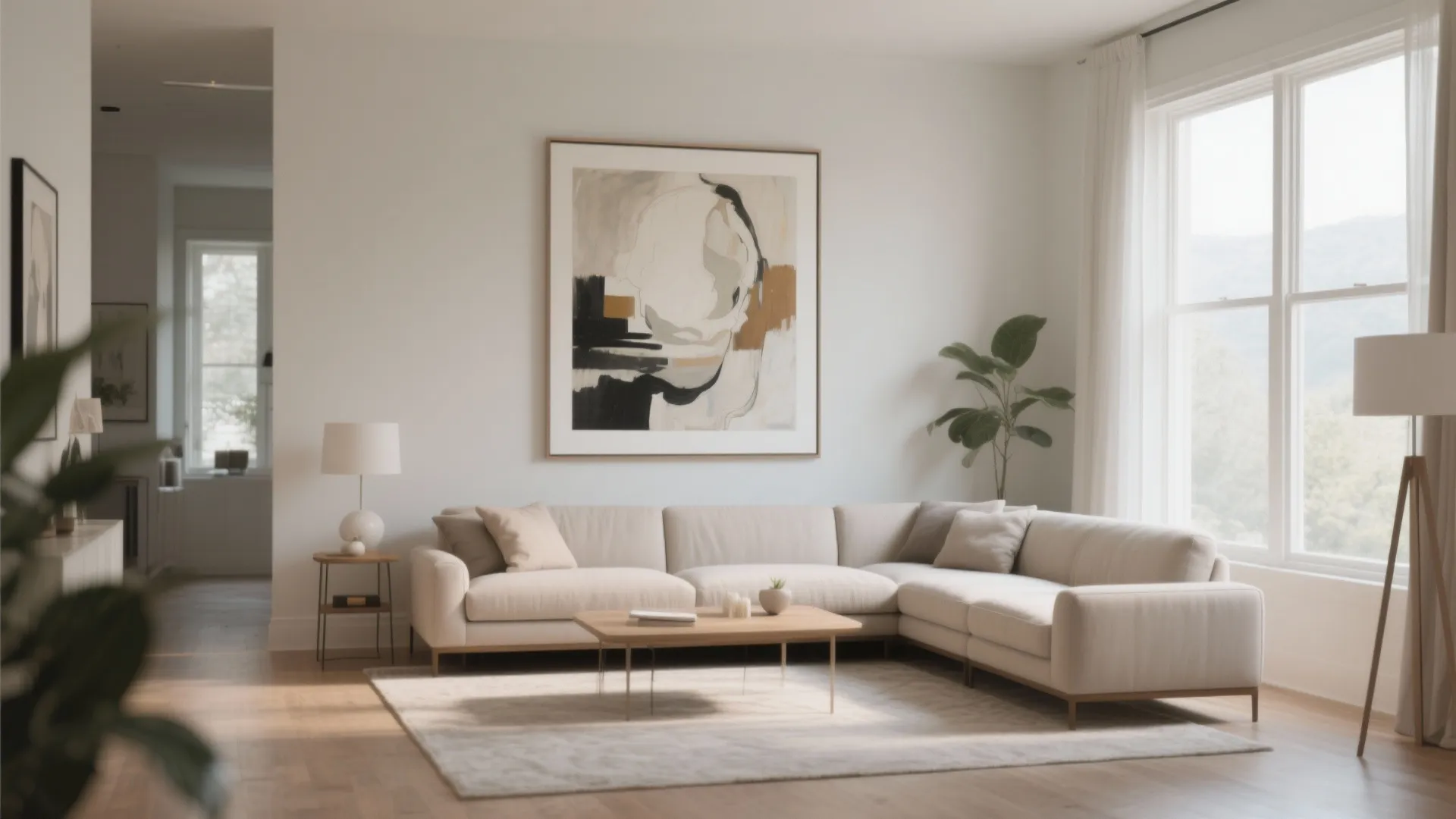 Bright living room with large wall art above a beige sofa and wooden coffee table