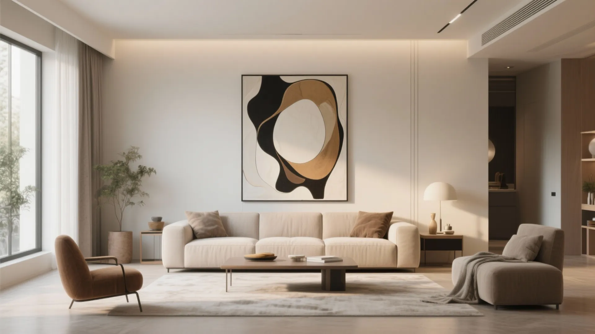 Modern living room featuring a large abstract wall painting above a long beige fabric sofa