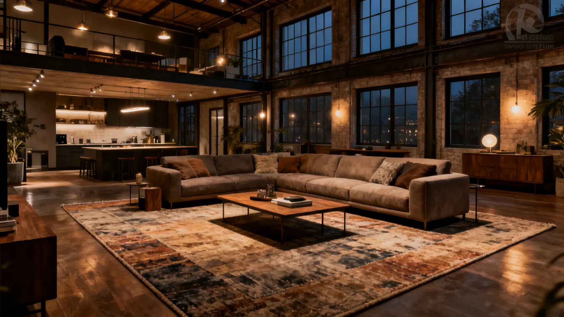 Open-plan loft with an oversized rug defining the seating area and creating cohesion