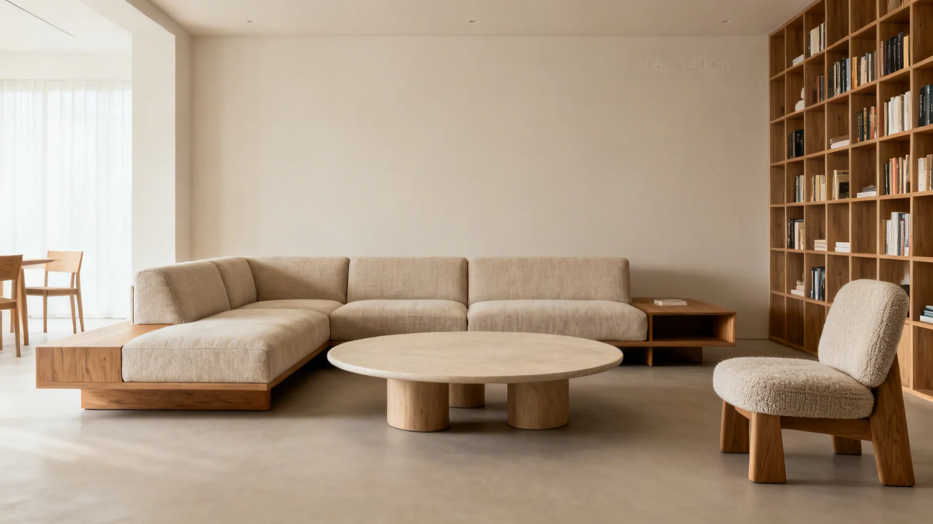 Oversized sectional and large round coffee table anchor a spacious living room with clear negative space.