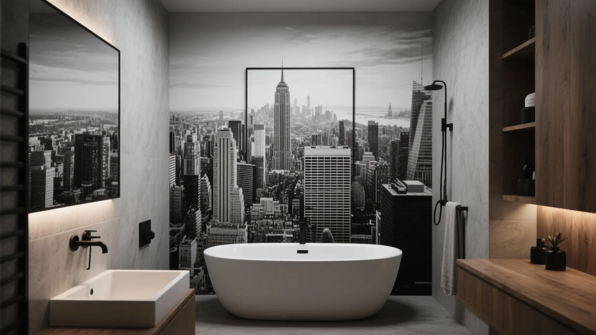 Modern bathroom with white bathtub, wooden vanity, sink, and large city skyline wall mural design