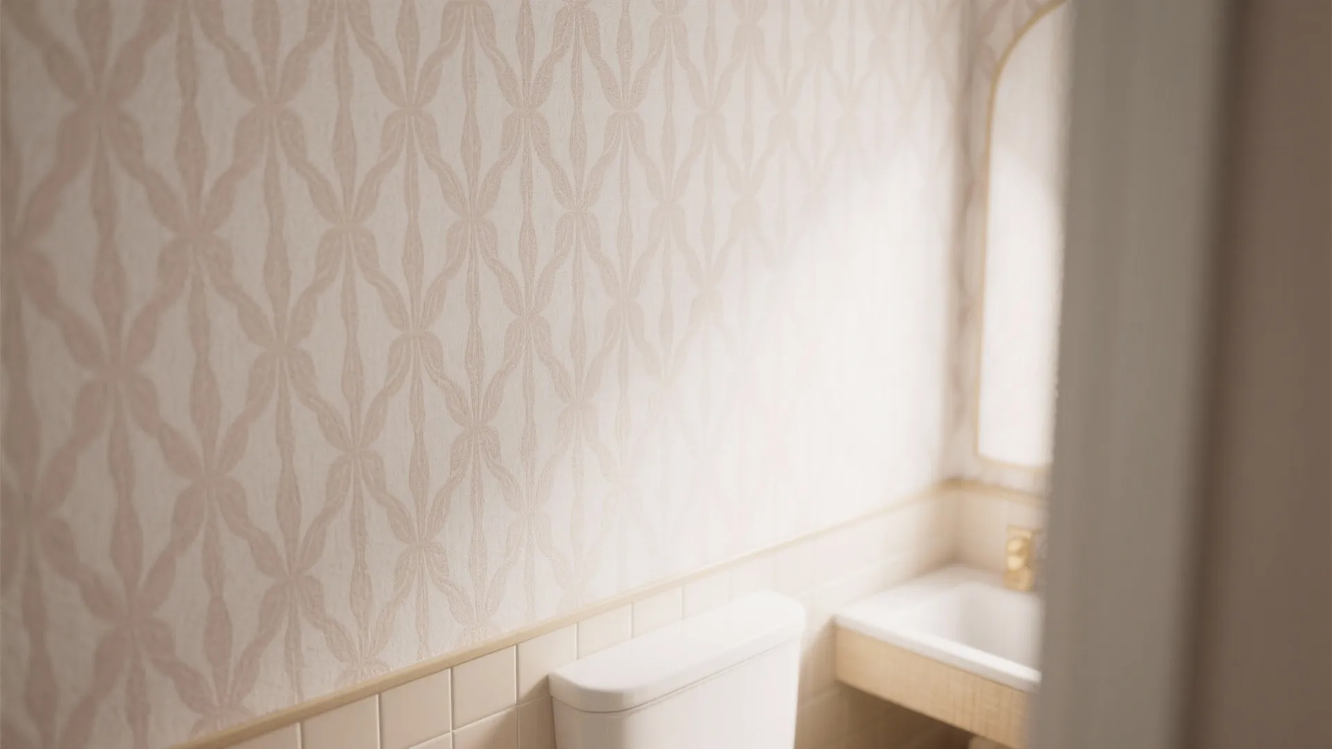 Small bathroom corner showing patterned wallpaper, white toilet tank, simple sink, and a gold mirror