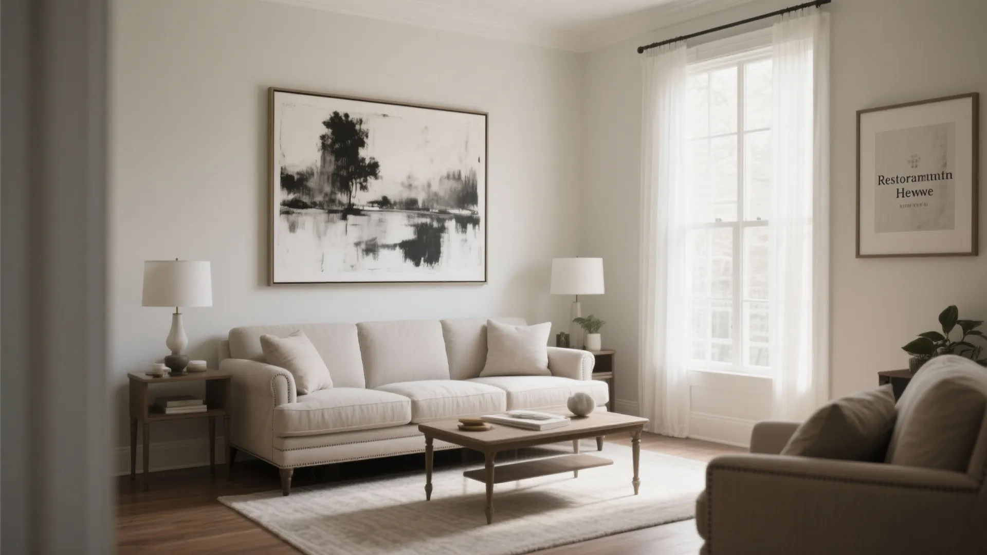 Oversized monochrome canvas above sofa in neutral living room