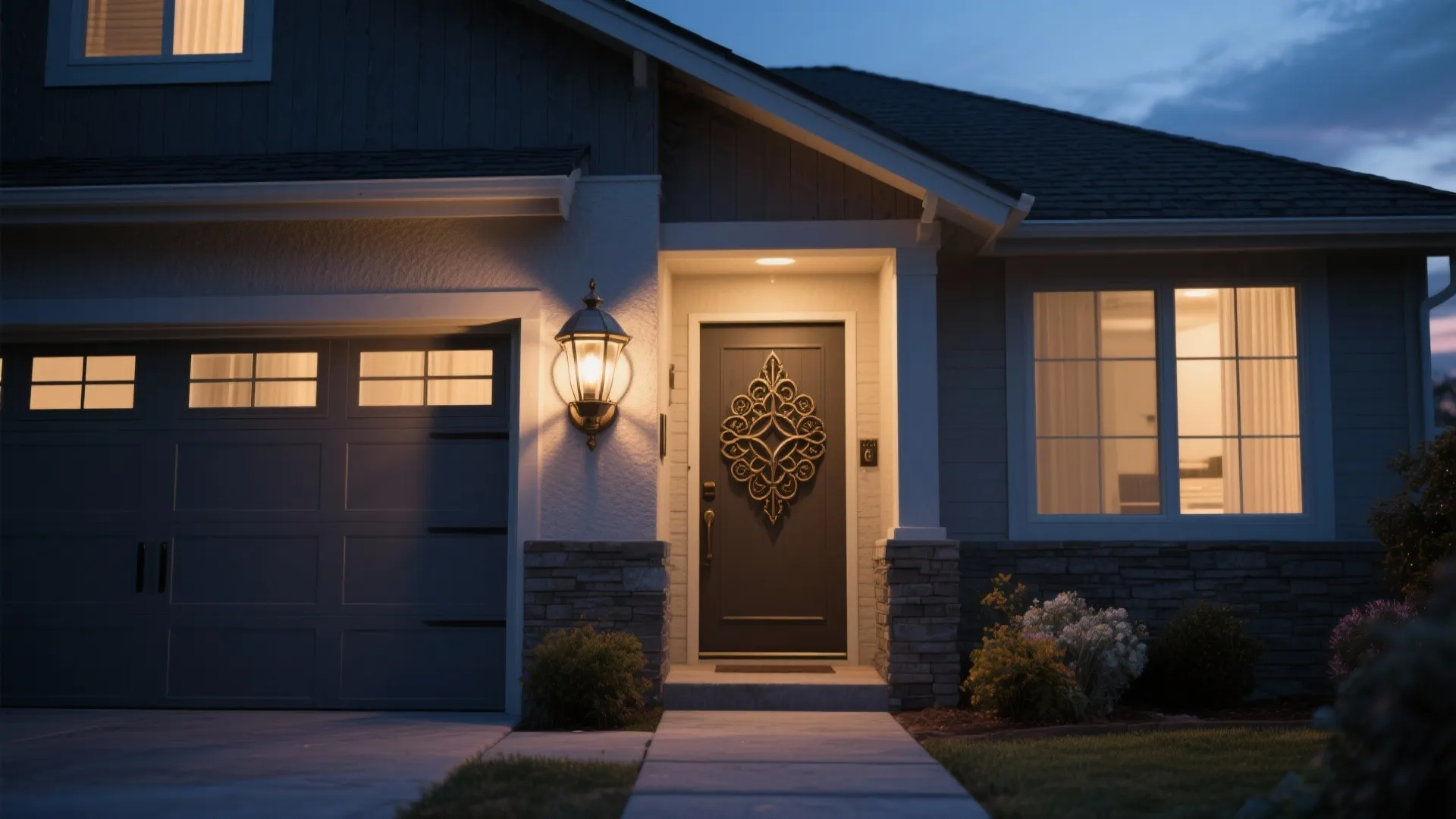 Modern house entrance at night featuring a warm wall light beside a dark front door