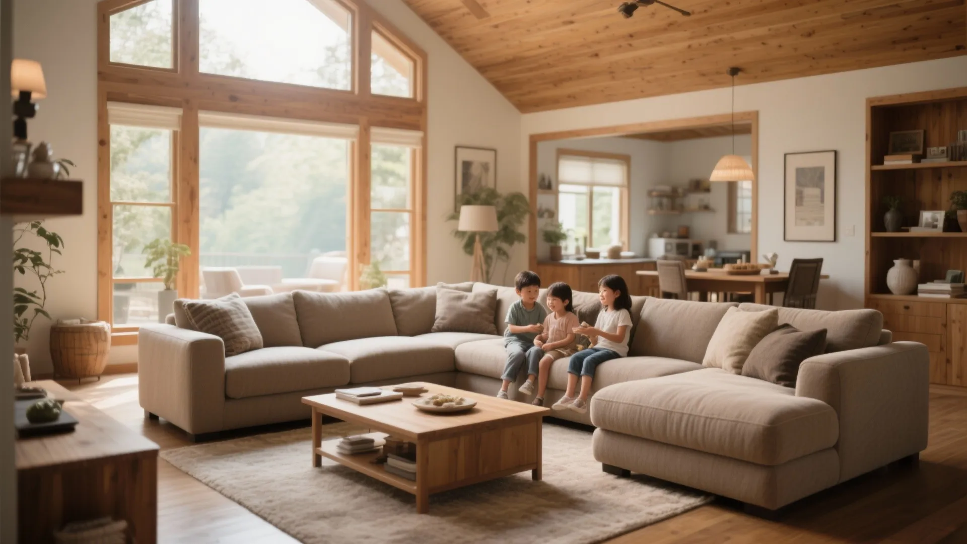 Children sitting on a large beige sofa in a wooden living room with big windows