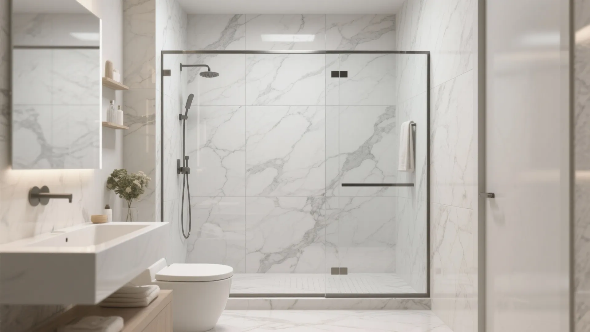 Compact shower with oversized porcelain wall panels and minimal seams for a sleek spa feel.