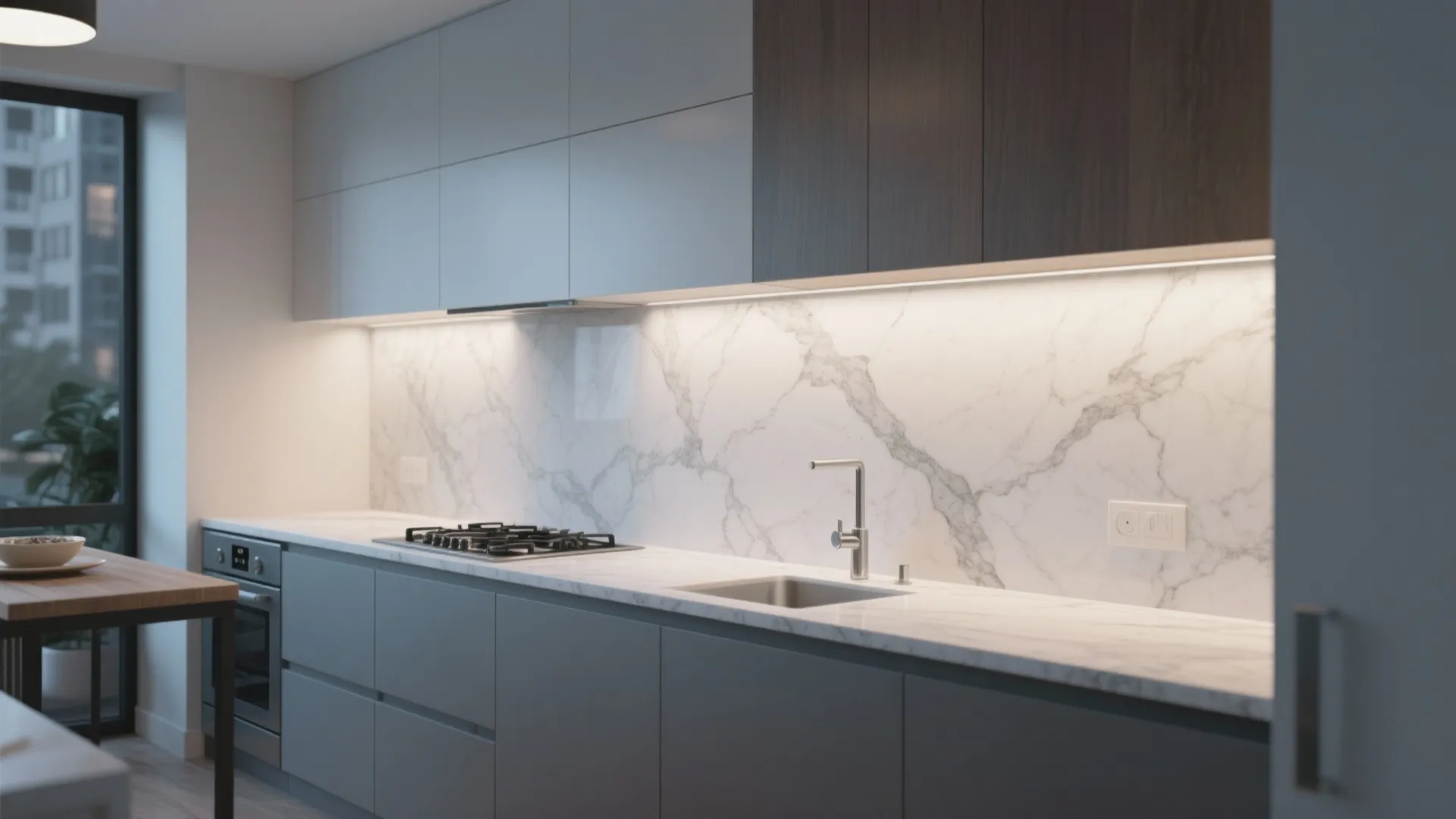 Seamless large-format porcelain slab backsplash in a modern kitchen creating a clean continuous surface.