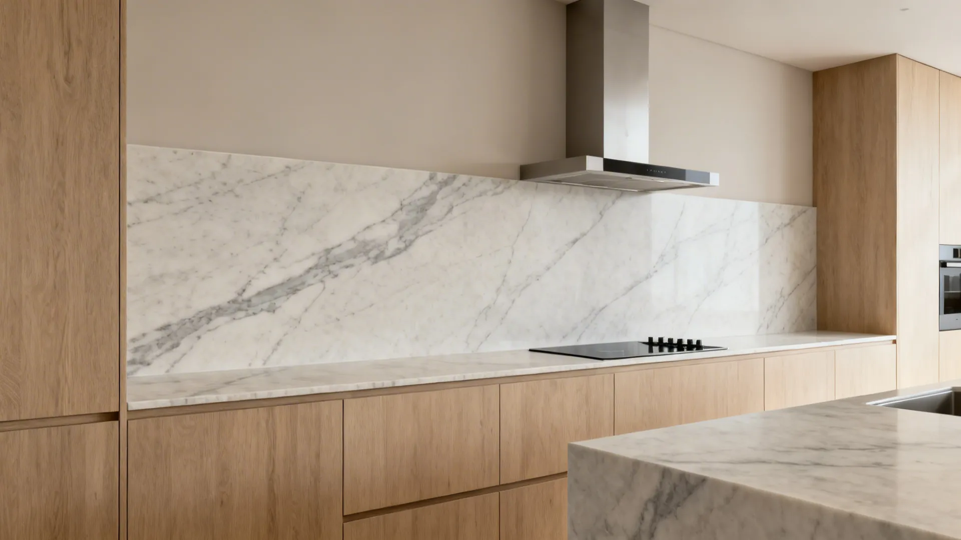 Small kitchen with seamless large-format porcelain slab backsplash behind the range.