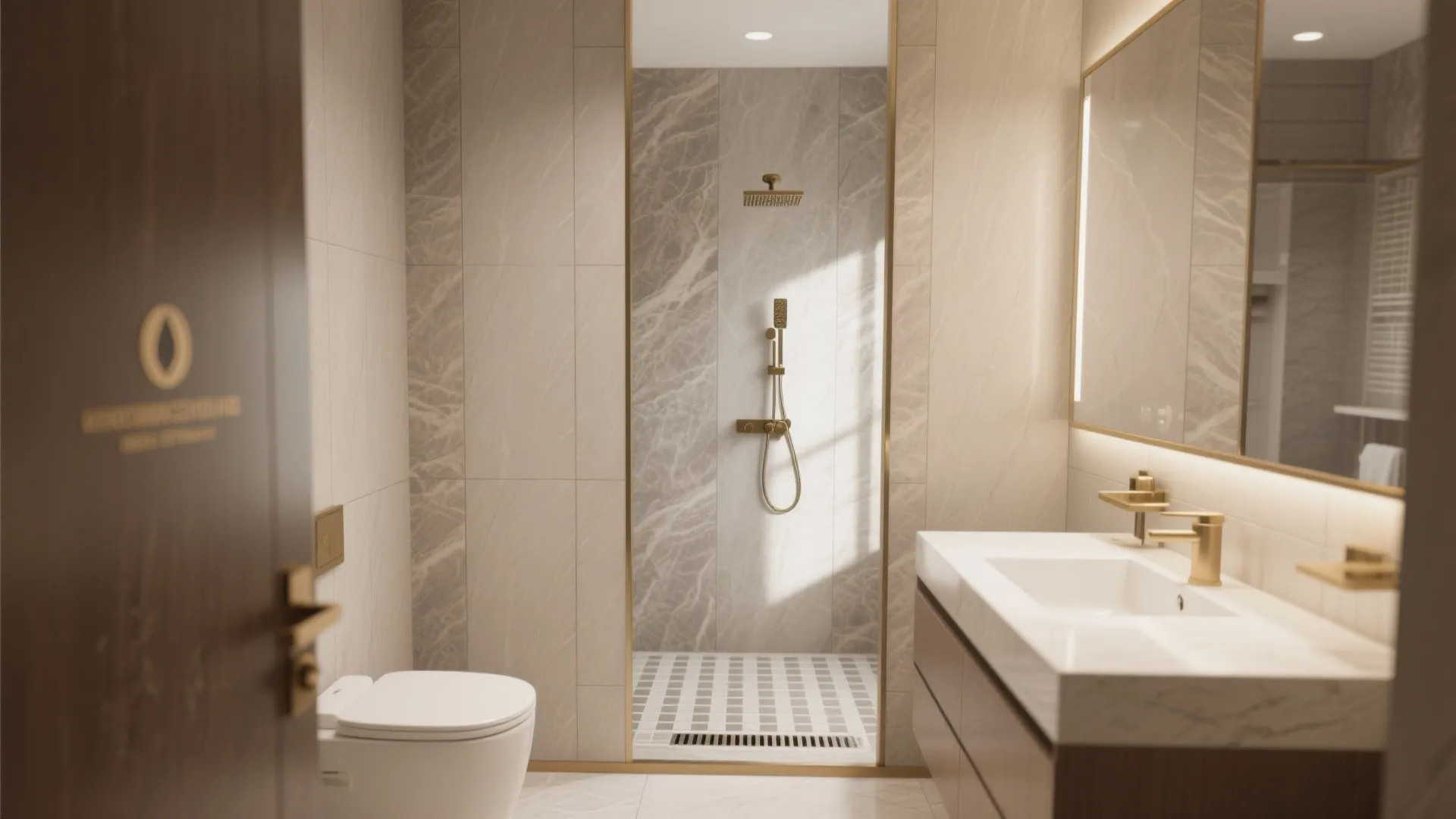 Modern bathroom featuring marble walls a walk in shower gold fixtures toilet and white vanity