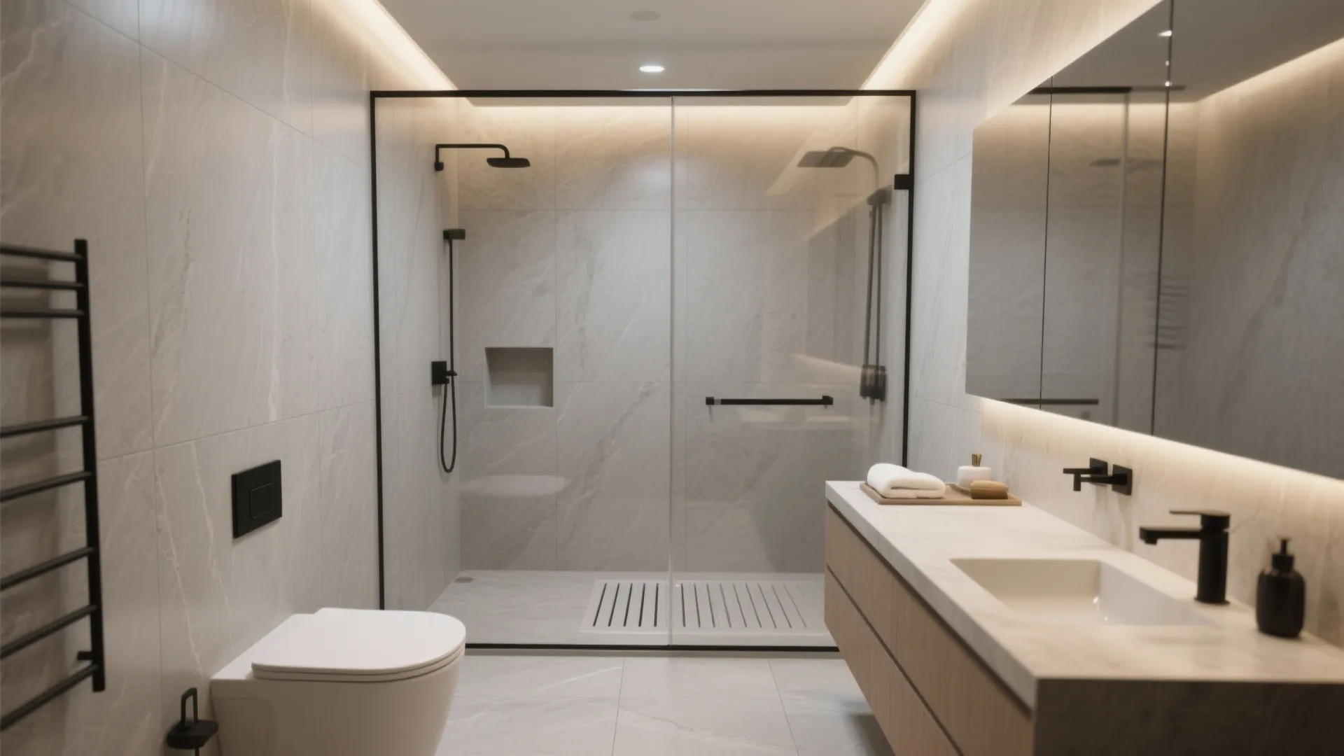 Minimalist bathroom design with marble wall tiles glass shower door wooden cabinet and warm lighting