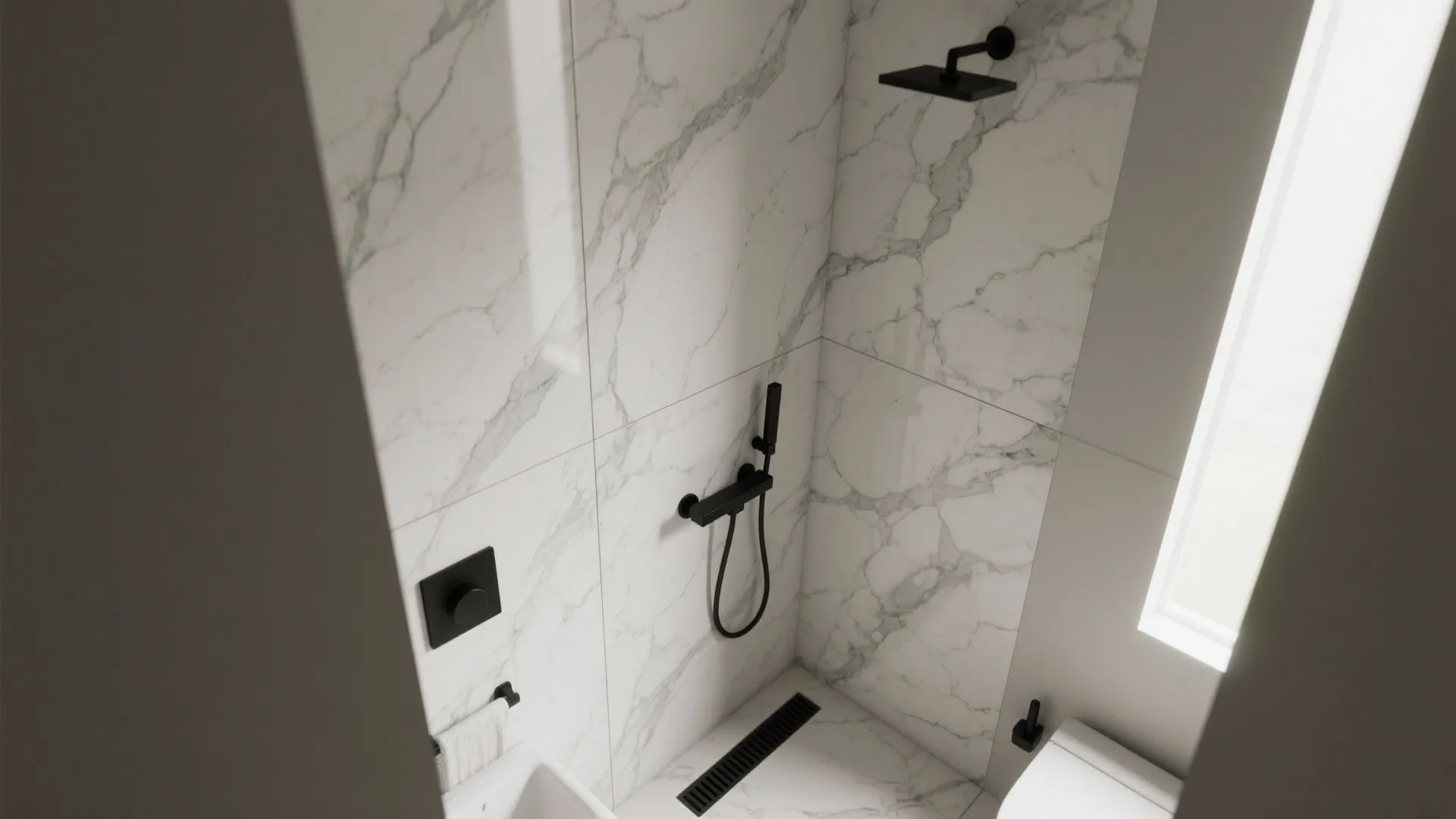 Small bathroom with large-format marble-look wall slabs and minimal grout lines for a clean look.
