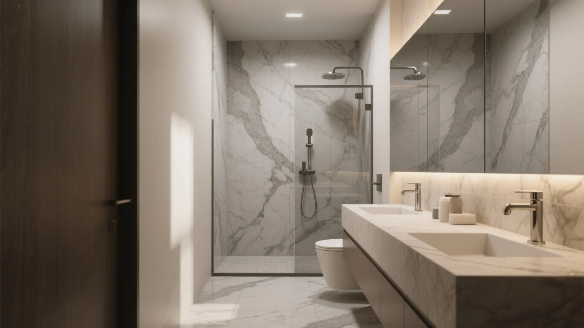 Narrow bathroom with large-format stone-look slabs and bookmatched veining creating seamless planes.