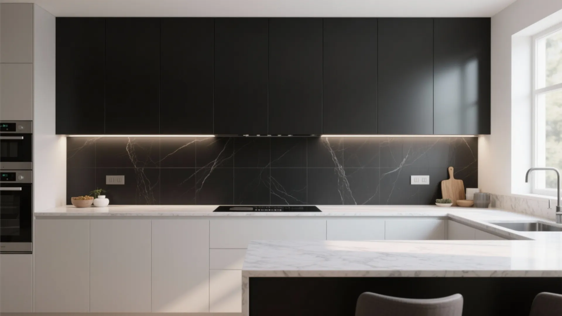 3. Matte black large-format slabs for minimal seams