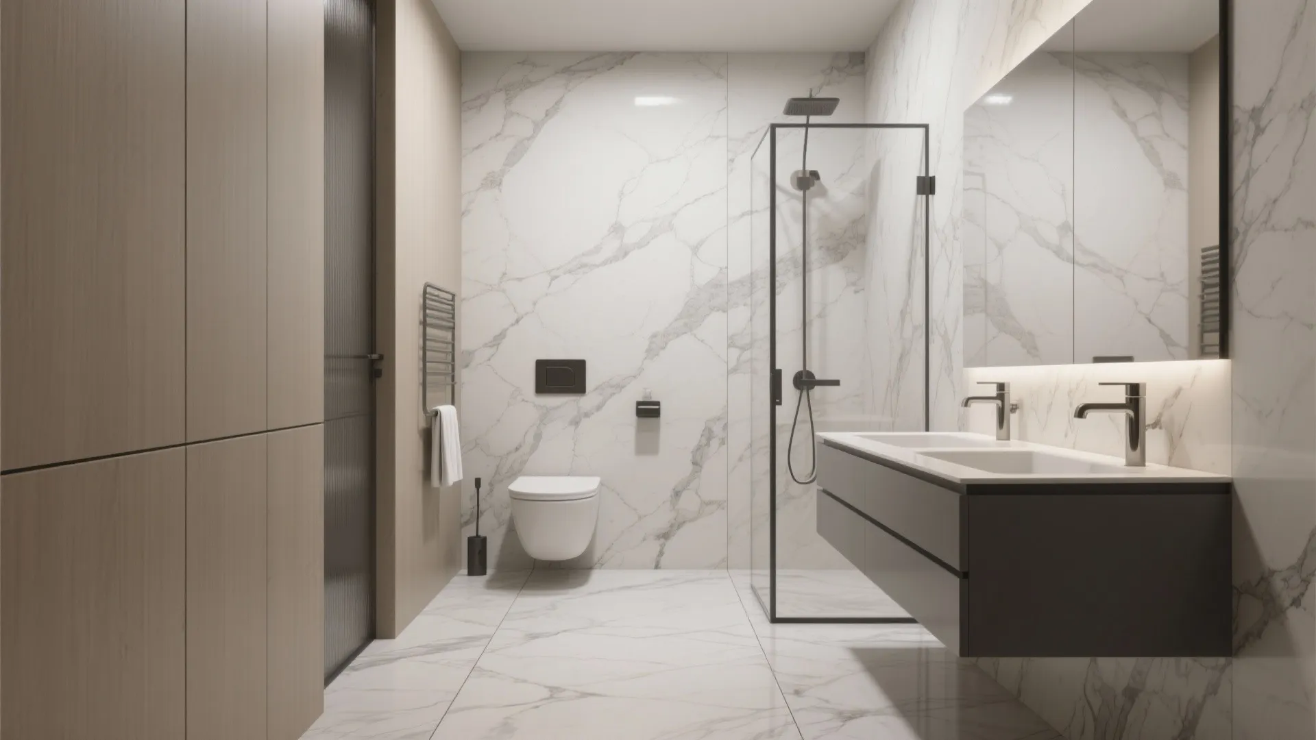 Minimalist bathroom featuring marble wall glass shower door floating grey cabinet and two silver taps