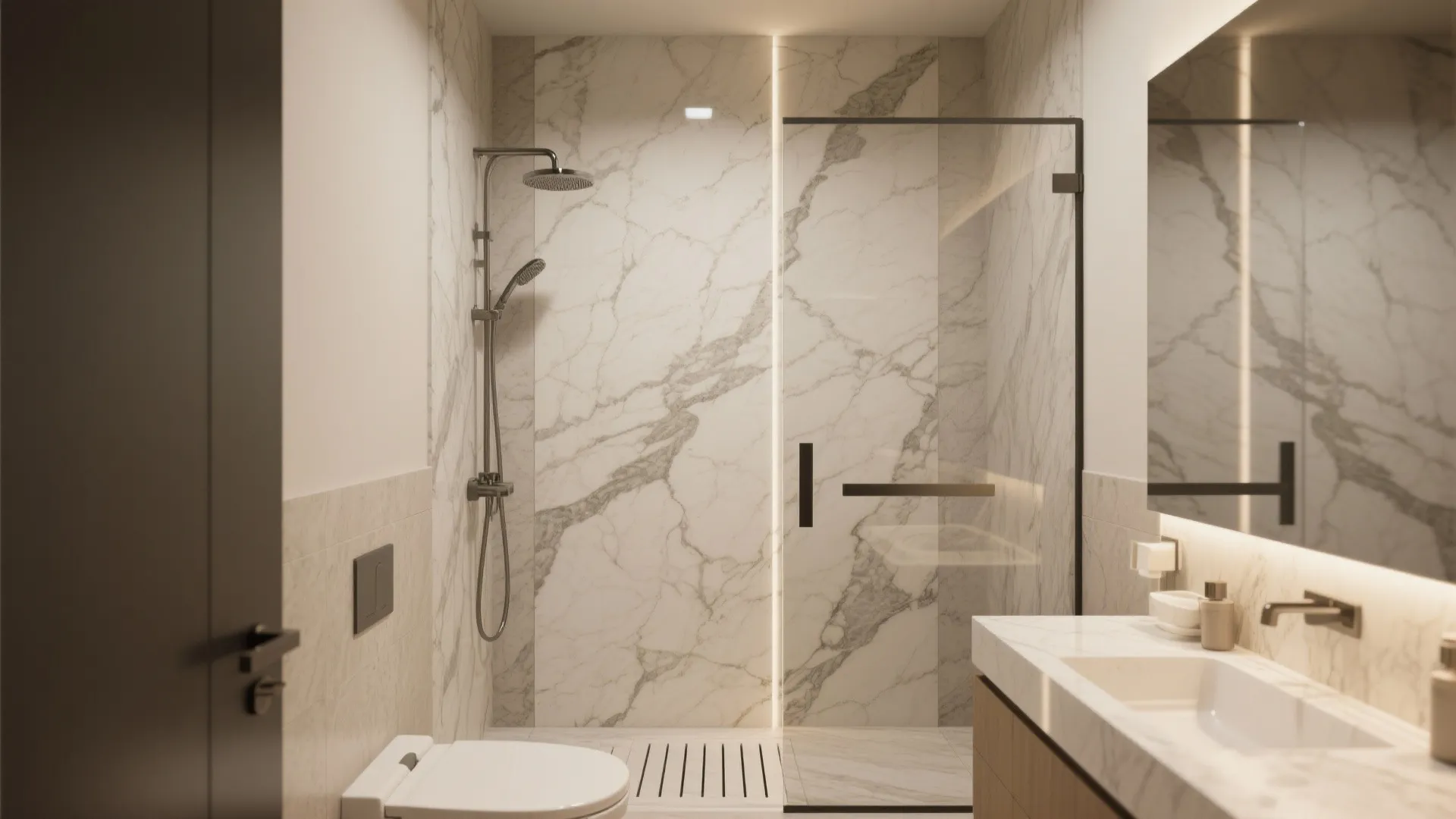 2) Large-format stone slabs in the shower