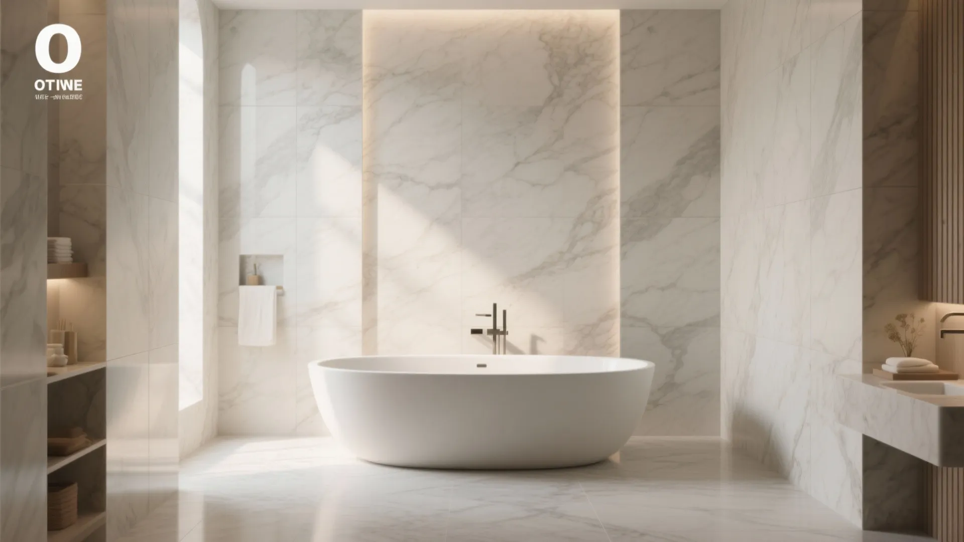 Luxury marble bathroom with white oval bathtub minimalist silver faucet and recessed wall shelf lighting