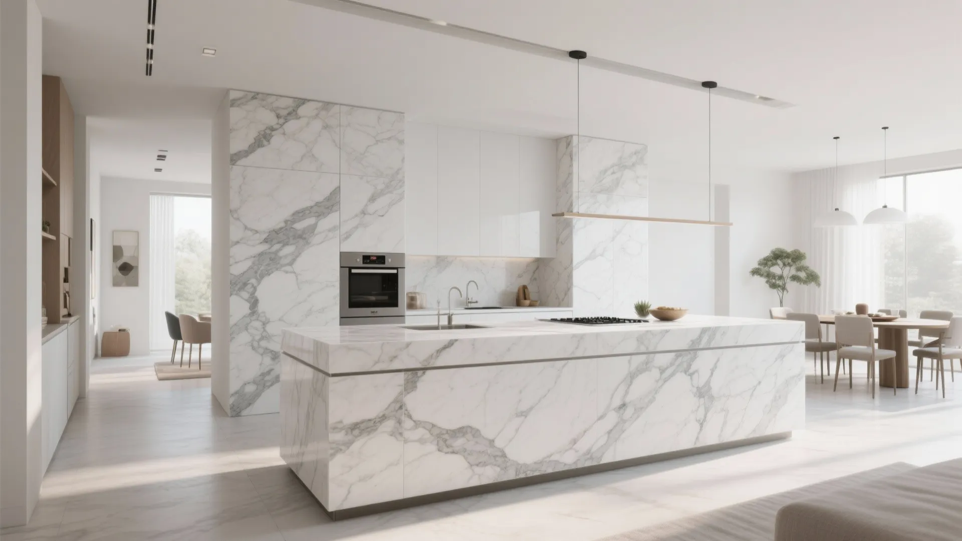 Spacious white kitchen featuring a large marble island, white walls, and bright dining area background