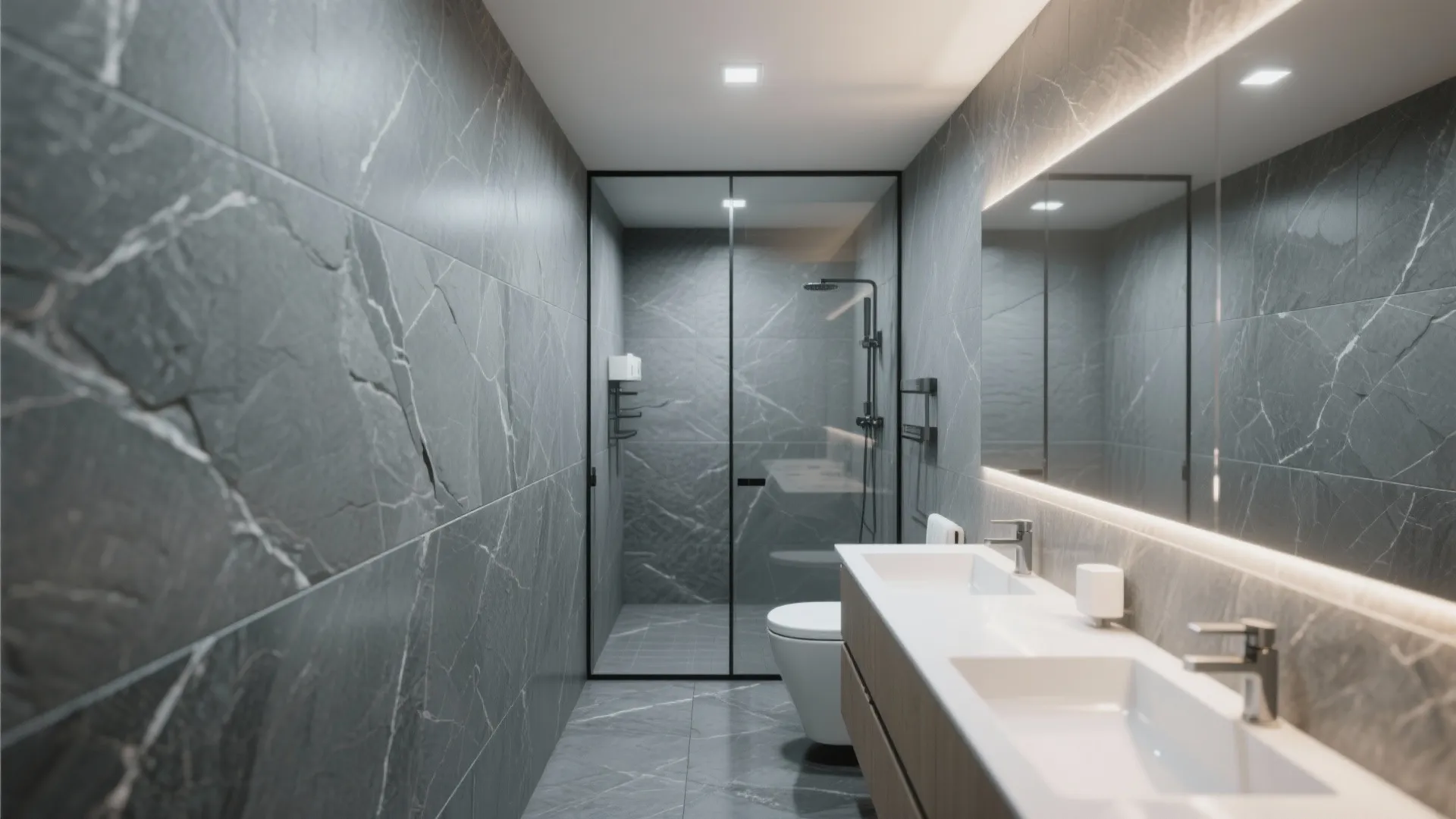 Modern narrow bathroom with dark grey stone wall tiles white vanity mirror and glass shower