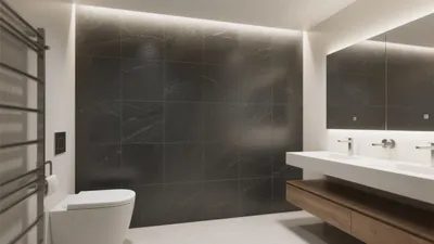 Modern Luxury Bathroom with Black Marble Wall & Smart Lighting