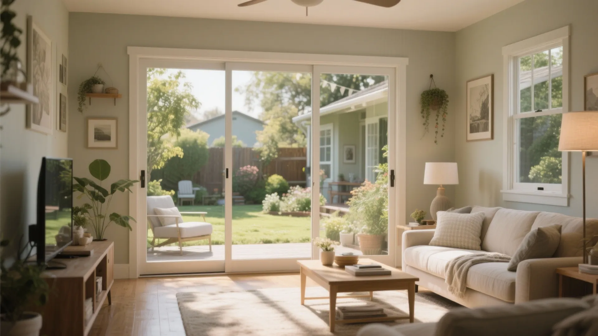 Bright living room with glass sliding doors opening to a green backyard garden and outdoor patio