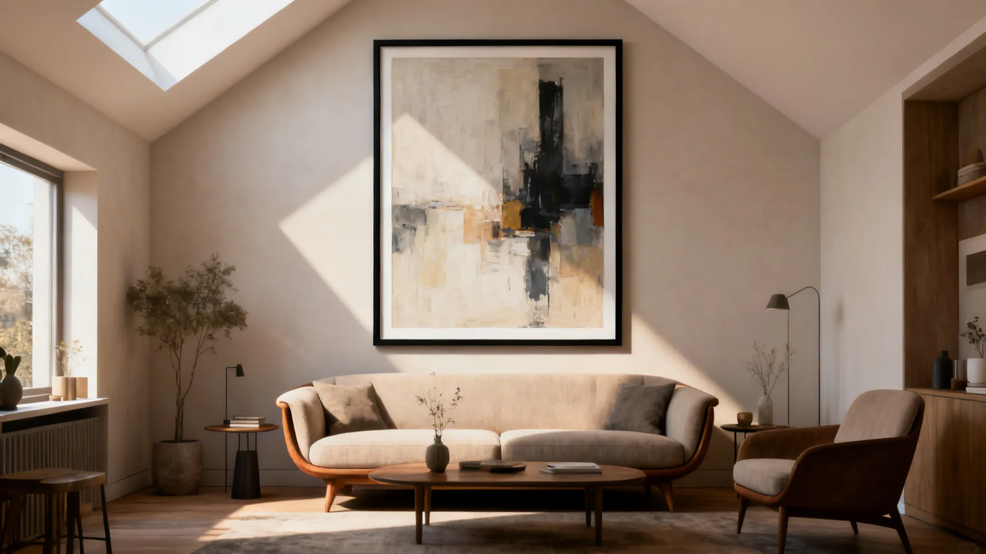 One oversized framed artwork above a sofa creating a focal point in a small living room.
