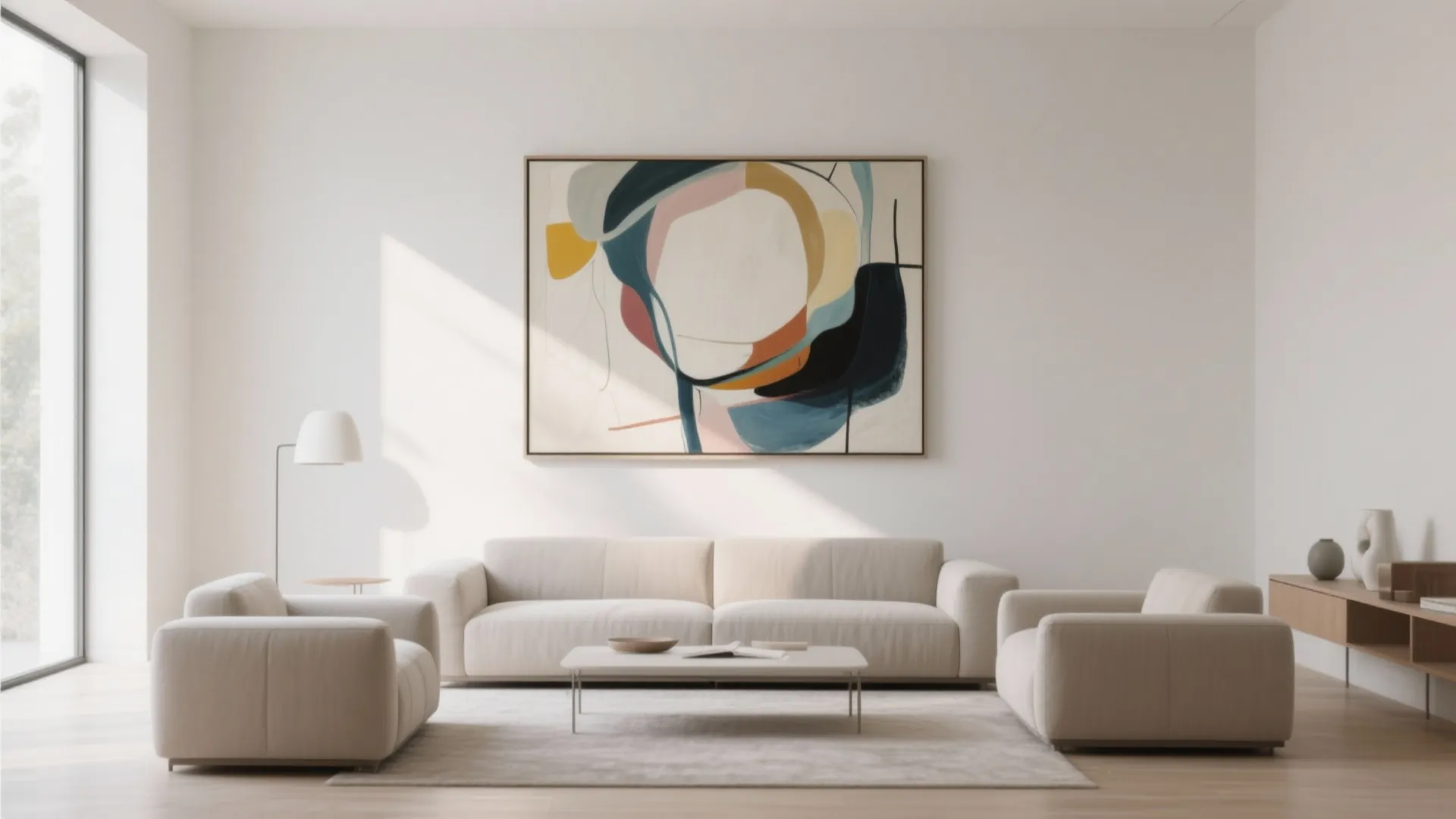 Minimalist living room with oversized abstract artwork