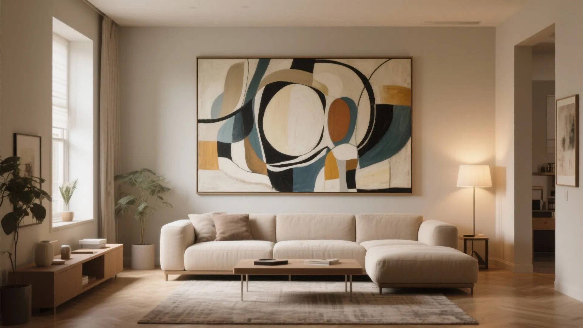 Minimalist living room with a large abstract painting hanging above a white sofa and table