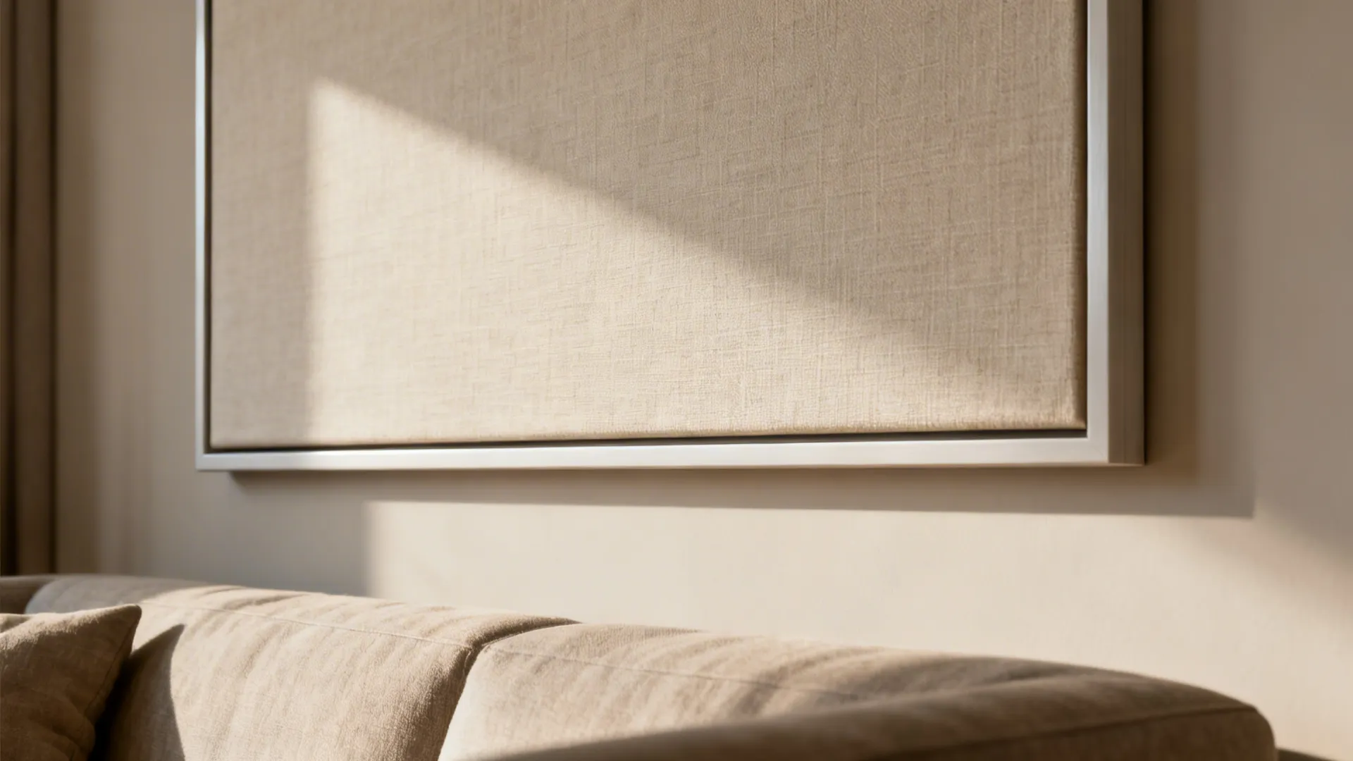Close-up of an oversized framed canvas showing canvas texture and modern frame above a sofa.