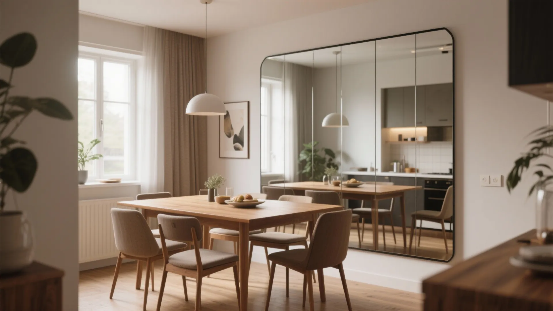 Large rectangular wall mirror reflecting a wooden dining table and chairs in a bright modern home