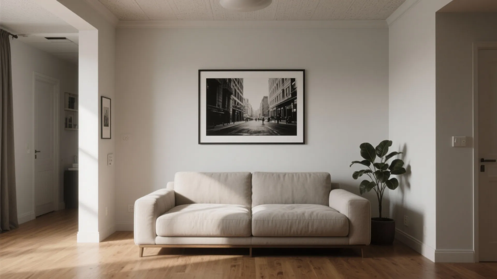 Low-ceiling living room with a single large black-and-white print mounted slightly lower above the sofa