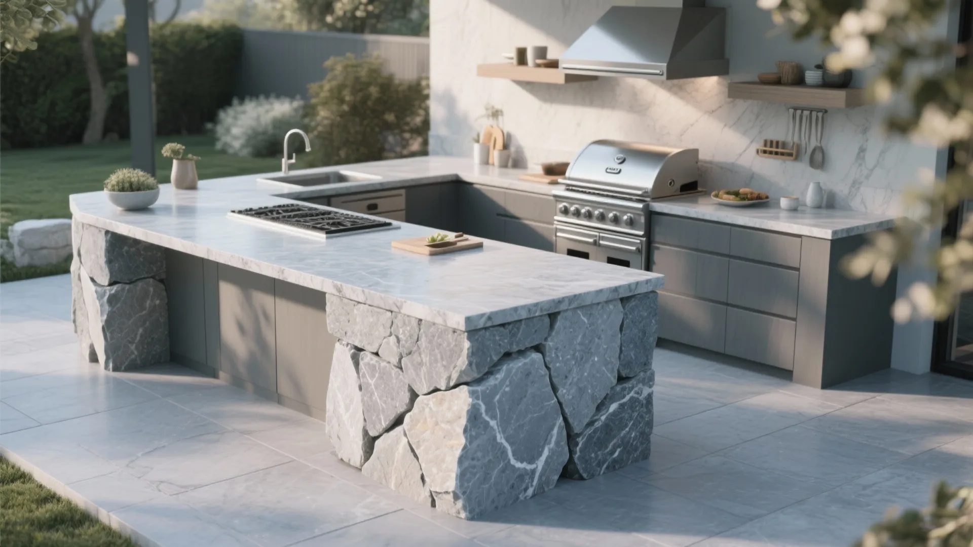 Modern outdoor kitchen featuring large grey stone base, marble countertop, sink, and stainless steel grill