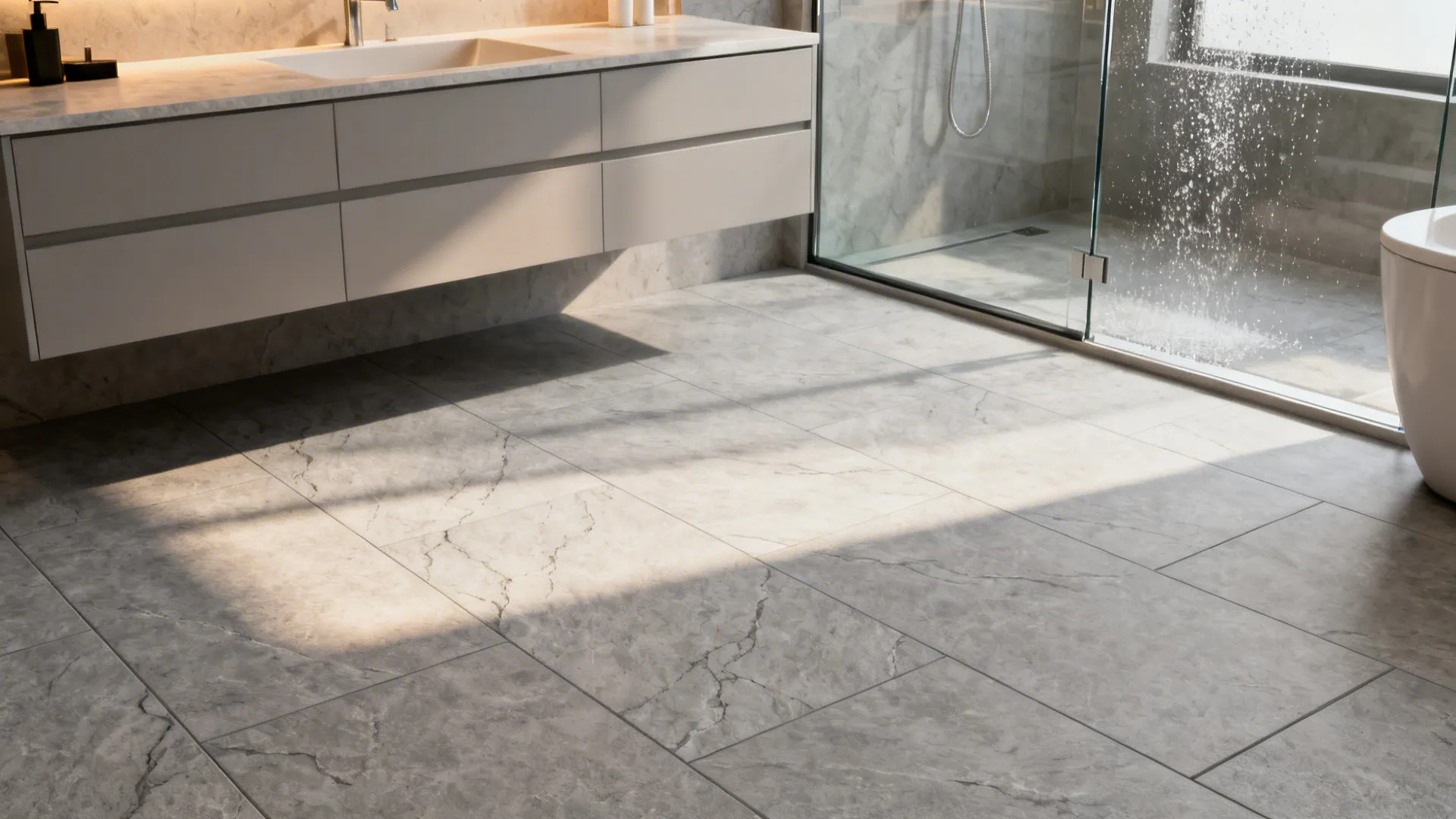Small bathroom with large-format stone-effect vinyl creating a seamless floor