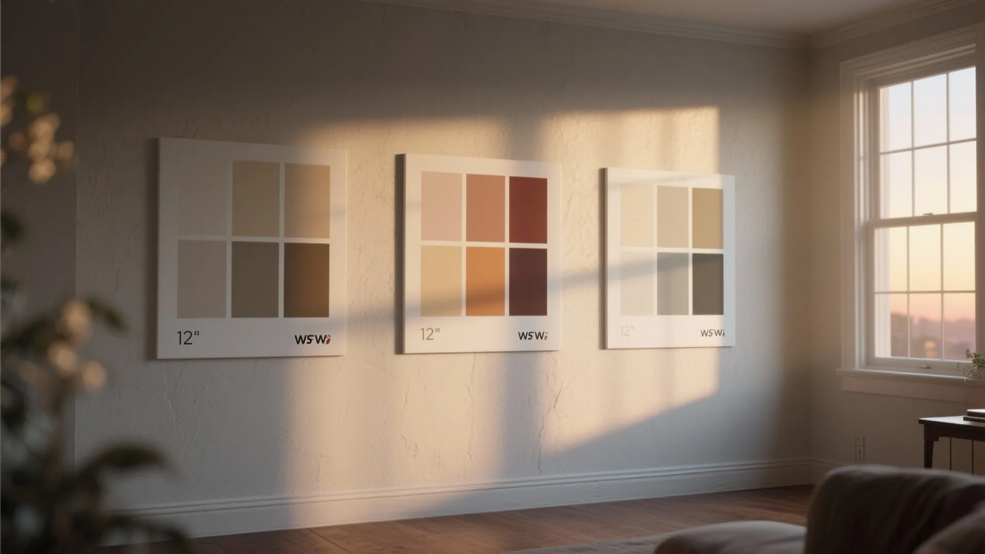 Three large color swatch posters hanging on a white wall with sunlight from a window