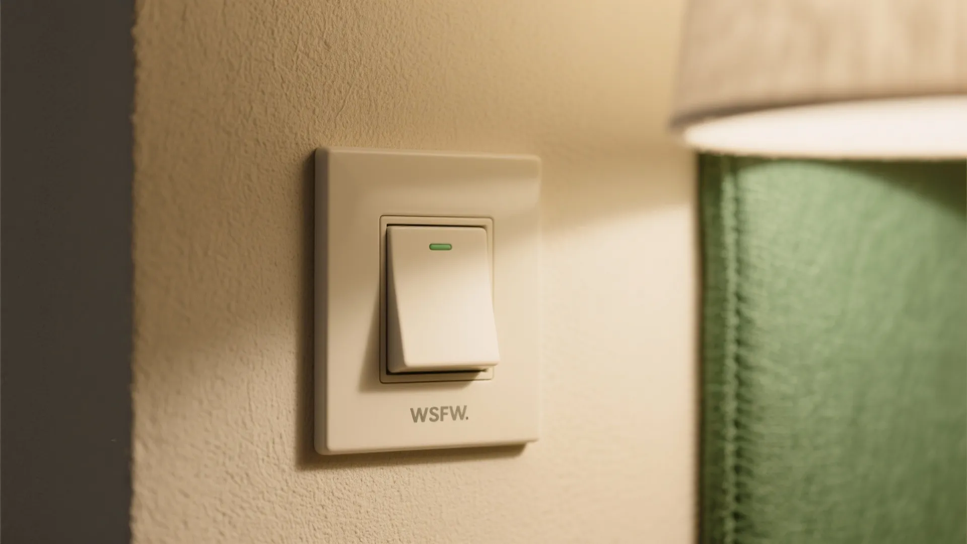 Close up of a modern white light switch on a textured wall next to a lamp