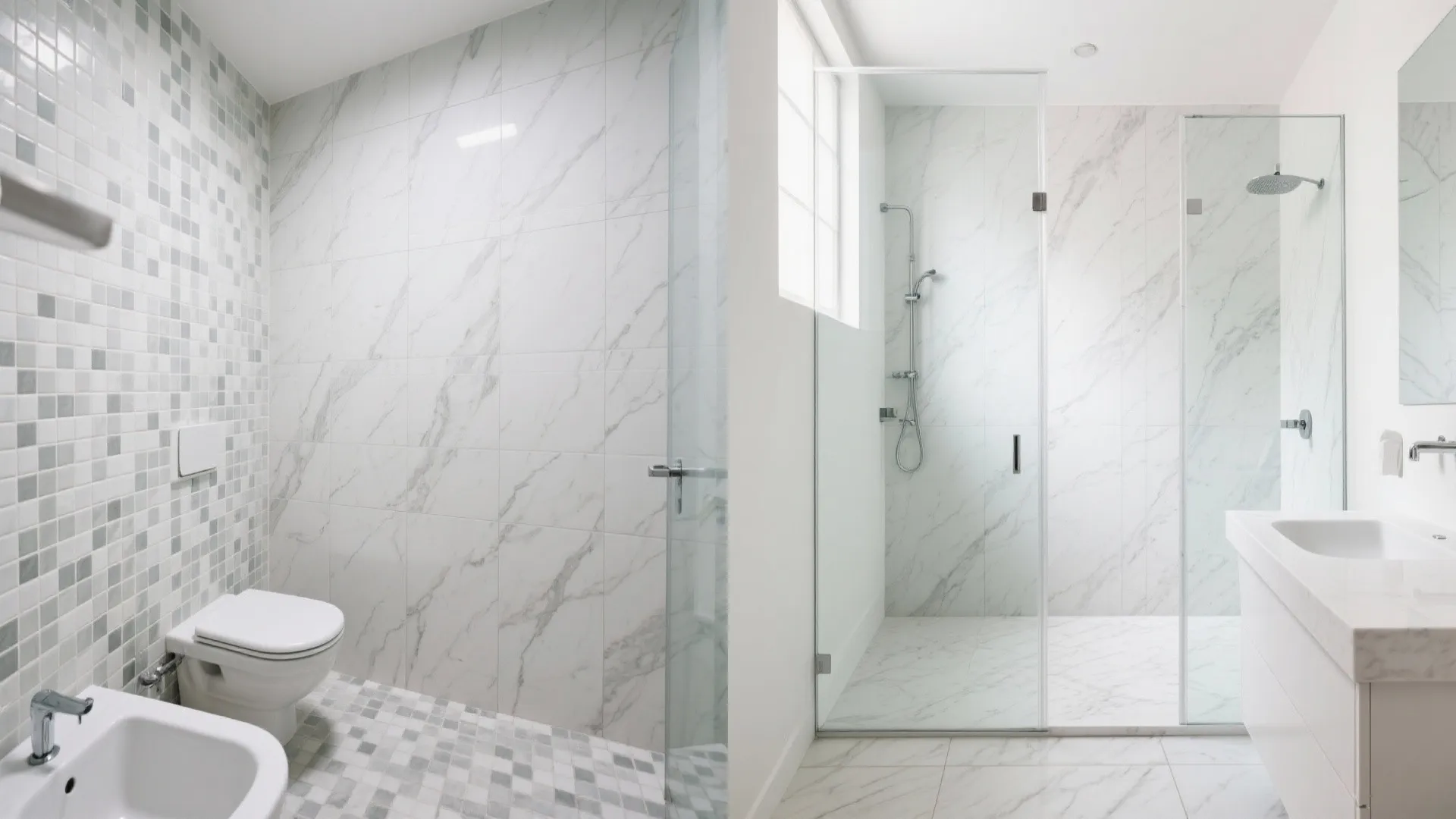 White bathroom featuring marble wall tiles, mosaic floor tiles, toilet, bidet, glass shower, and vanity