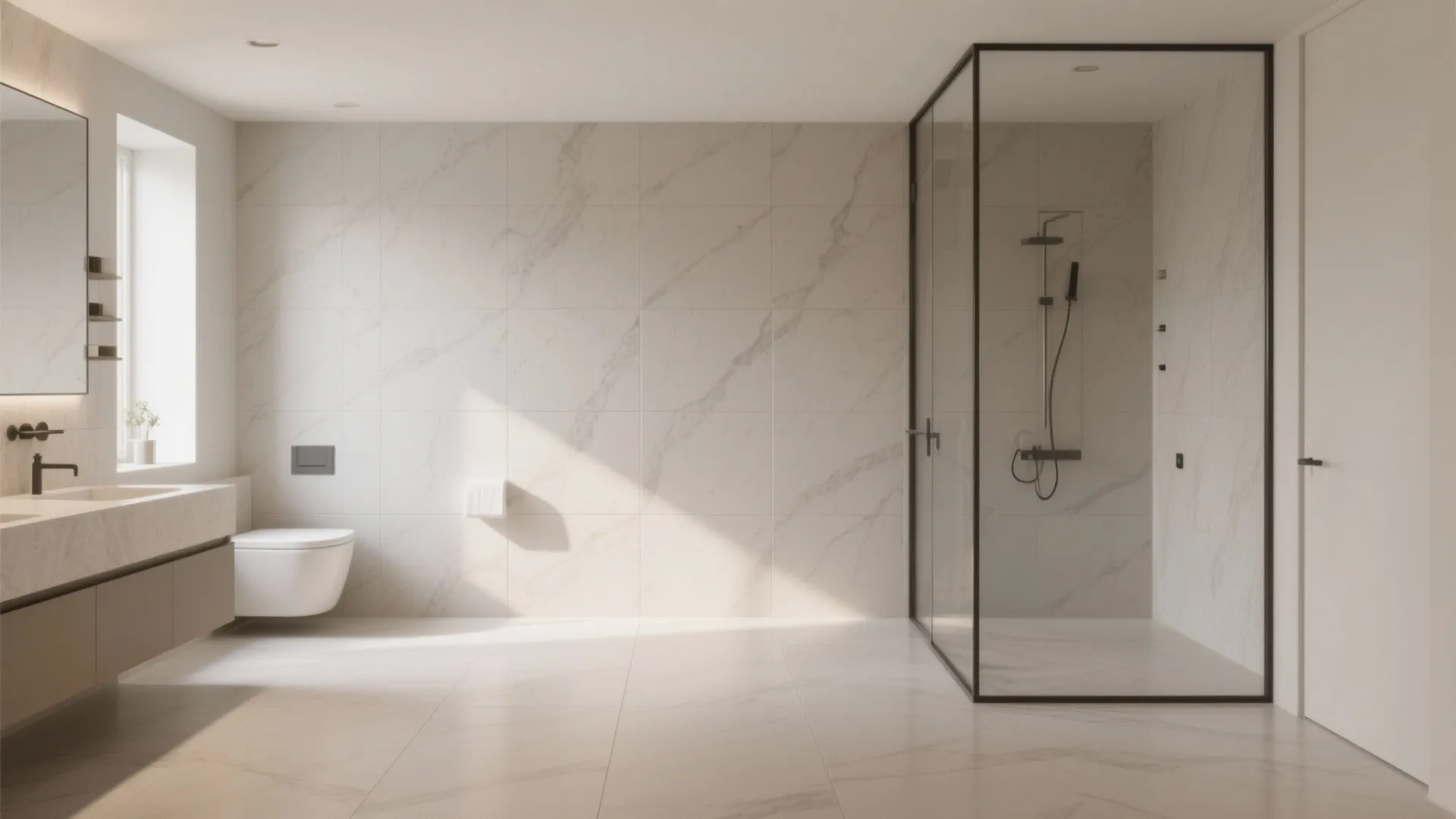 Small en-suite with 24x48 rectified porcelain tiles and tight grout lines; light veining creates a seamless, spacious feel.