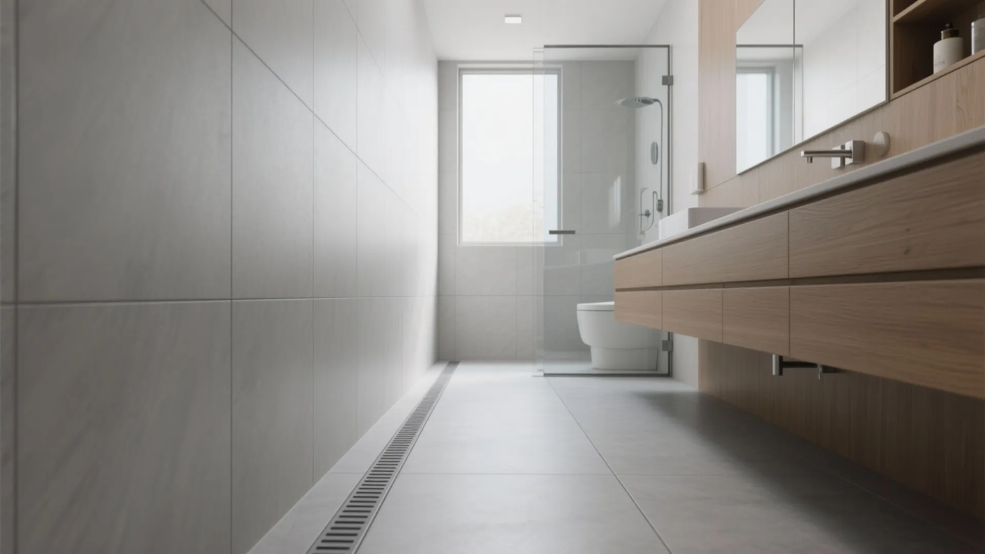 Narrow bathroom with 12x24 rectified porcelain, linear drain, and tight mid-gray joints that visually widen the room.