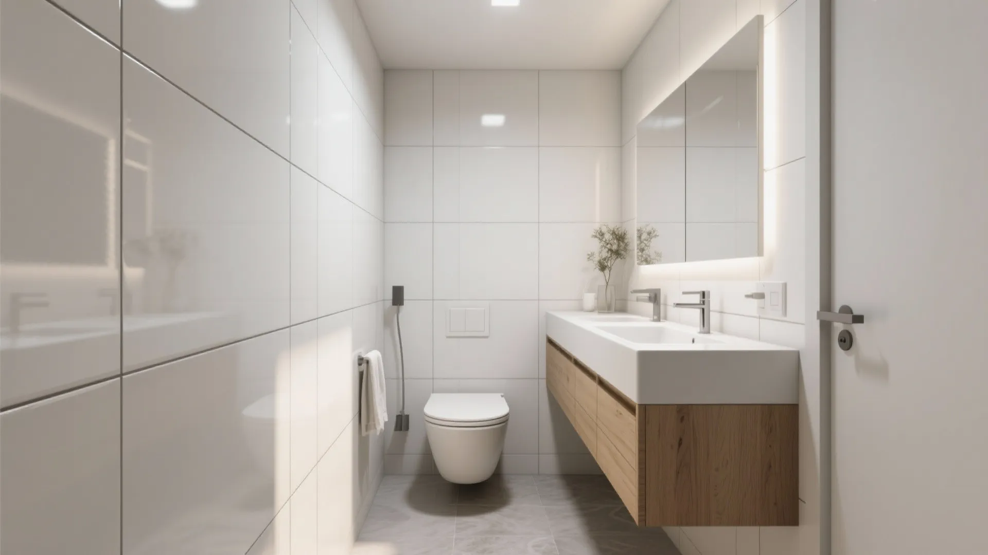 Modern white bathroom with large wall tiles wooden sink cabinet toilet and lighted wall mirror