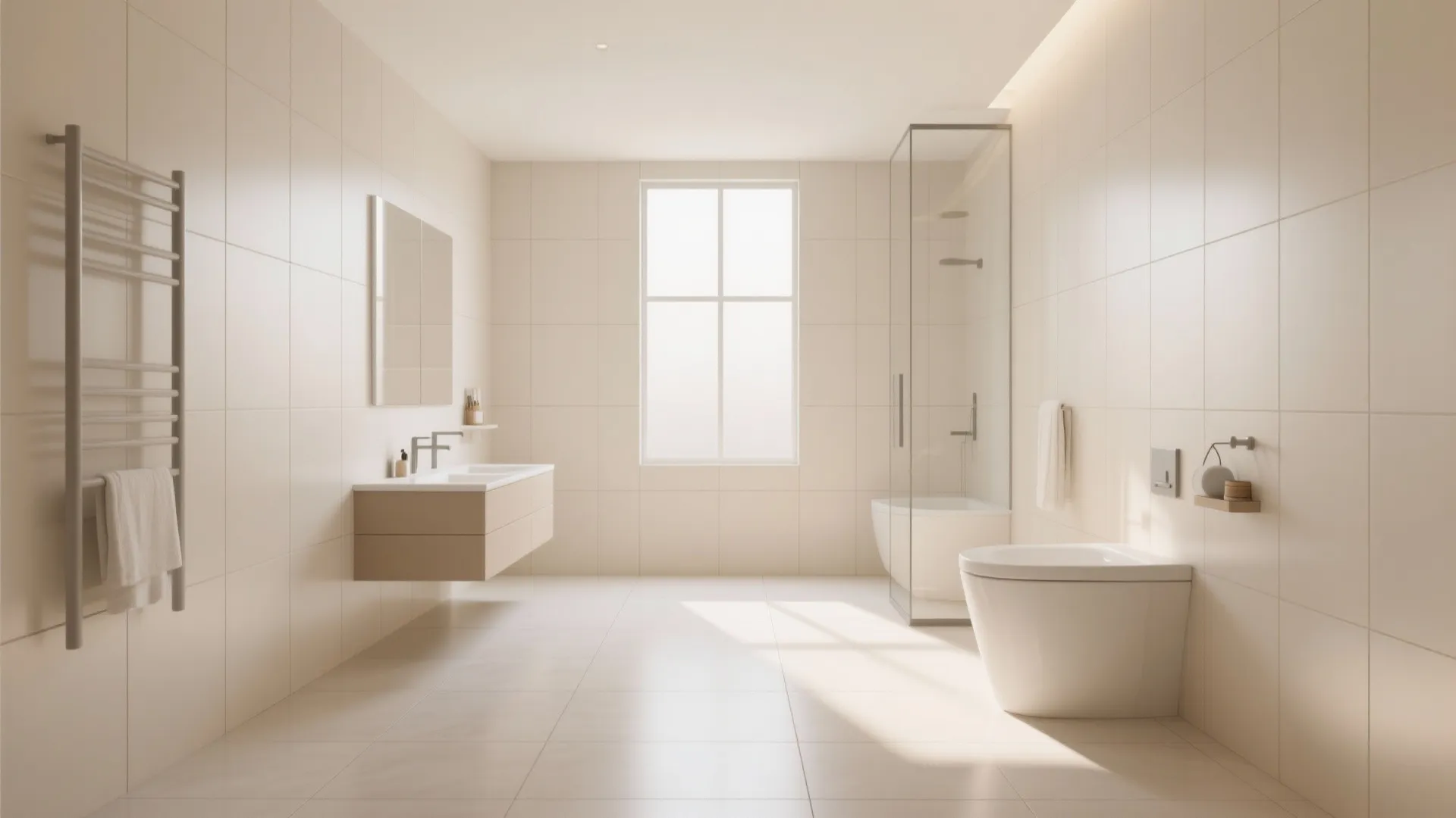 Modern bright bathroom with cream tiles plus floating vanity and glass shower plus white toilet