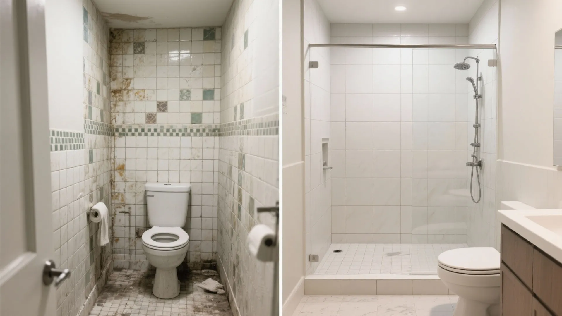 Before with busy small tiles versus after with large-format porcelain and tight grout lines.
