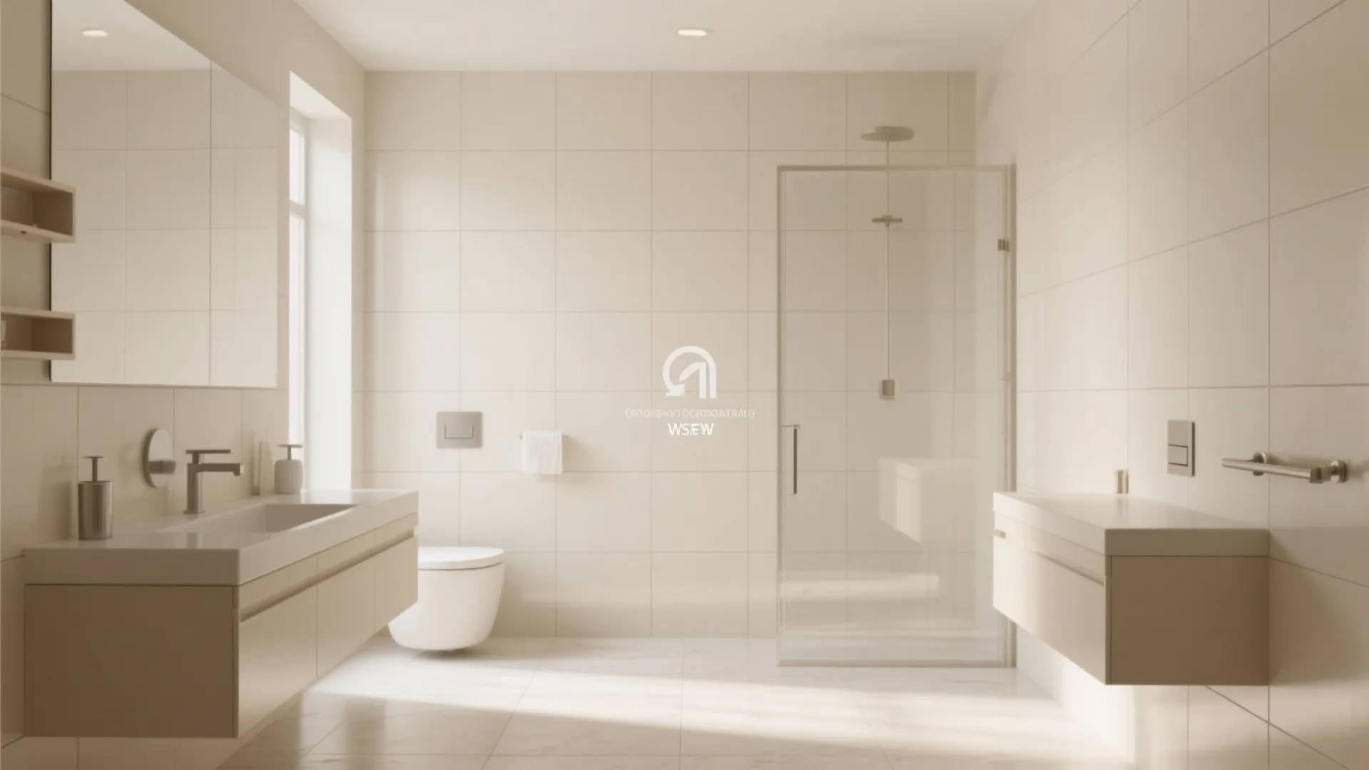 Modern cream bathroom with large square wall tiles glass shower door double cabinets and toilet