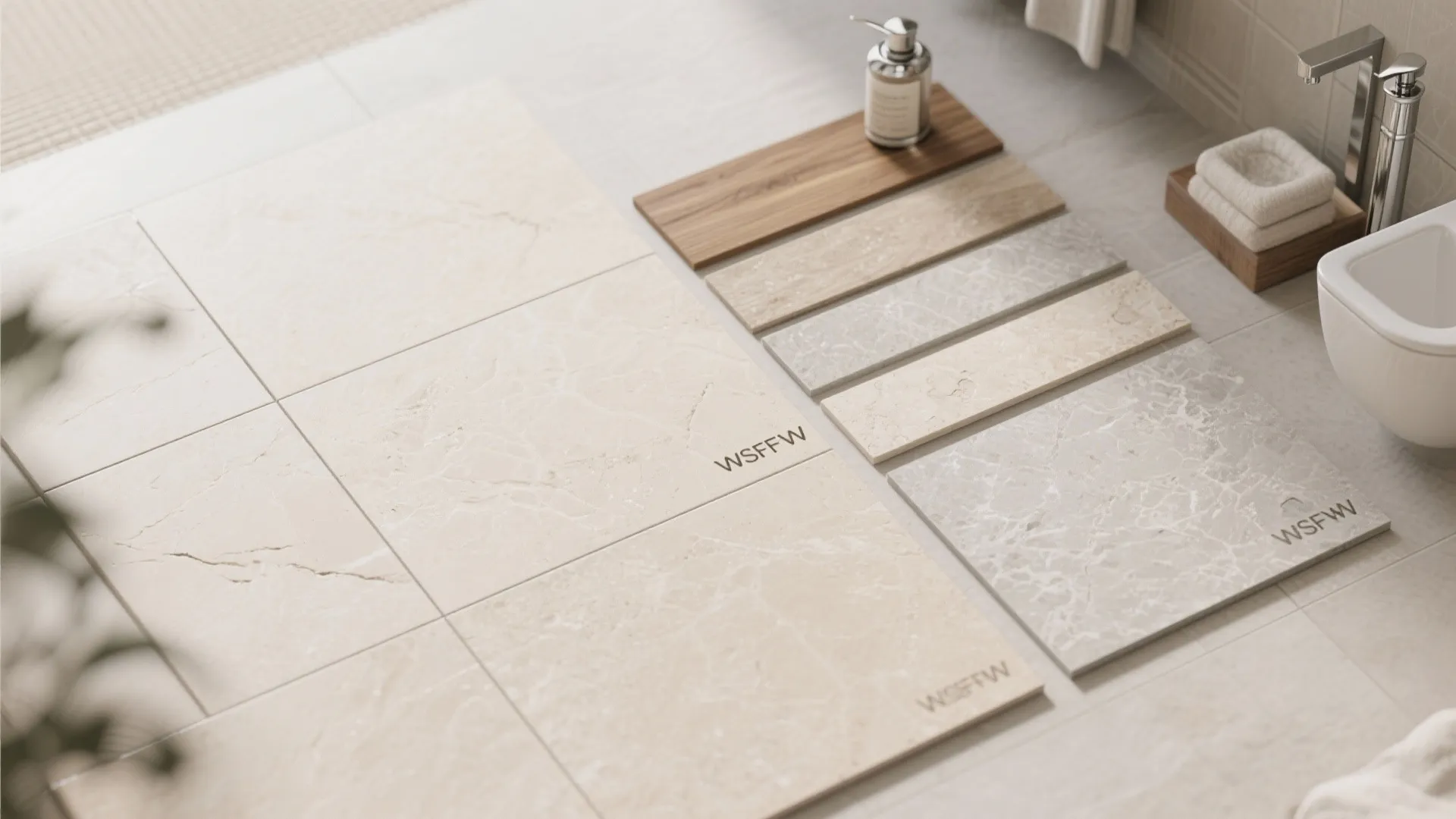 Selection of floor tile samples and wood planks displayed on a light tiled bathroom floor