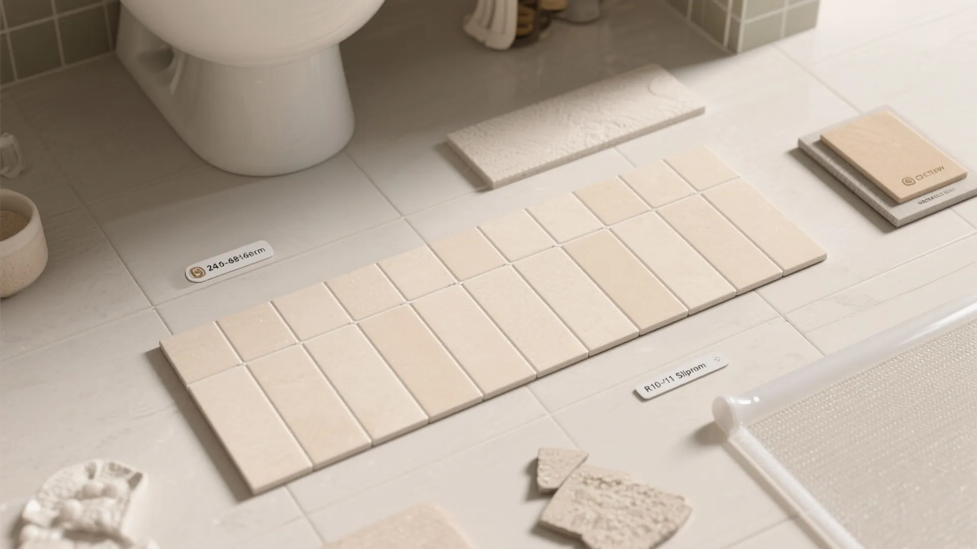 Large-format light tiles and vertical grout logic