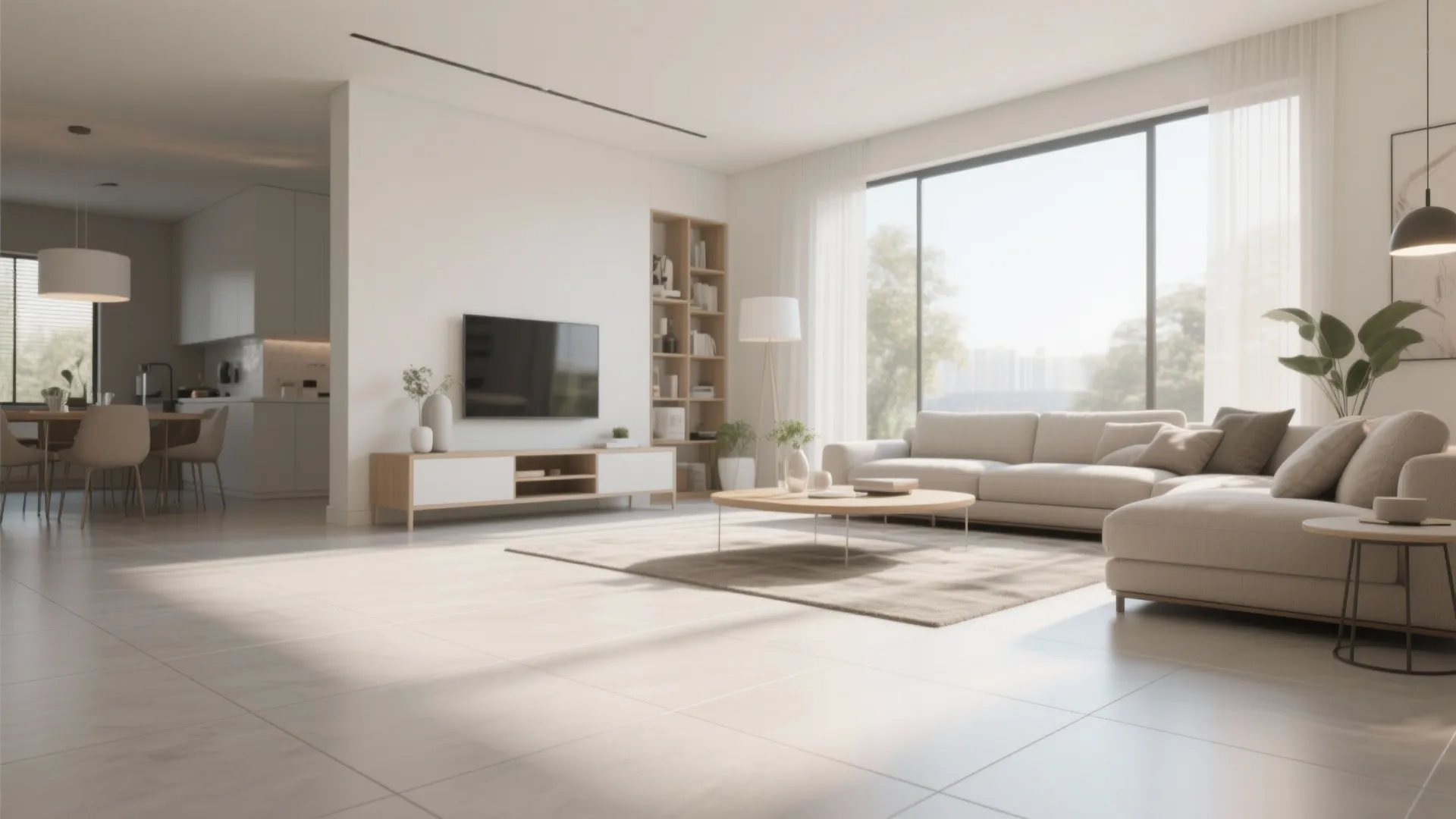 Open-plan modern living room with large porcelain tile flooring