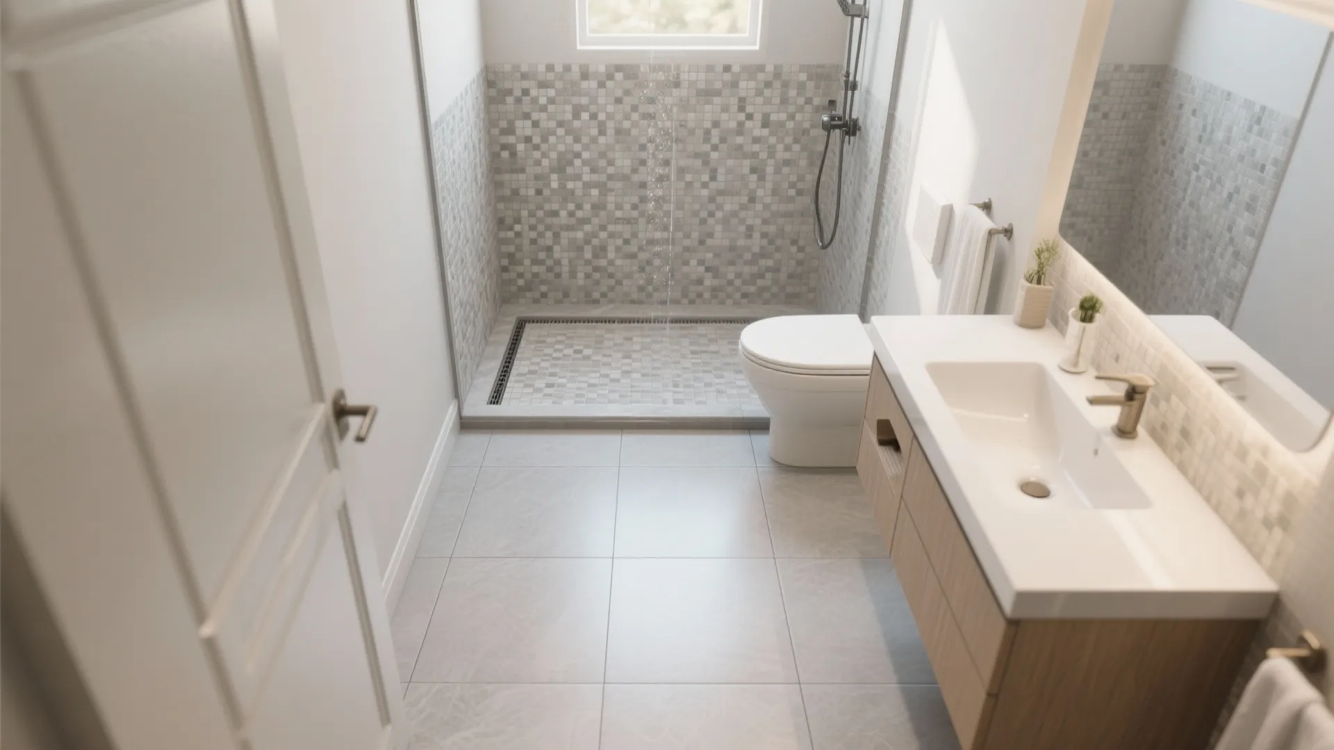 Small bathroom design with mosaic shower walls white sink cabinet toilet and grey large floor tiles