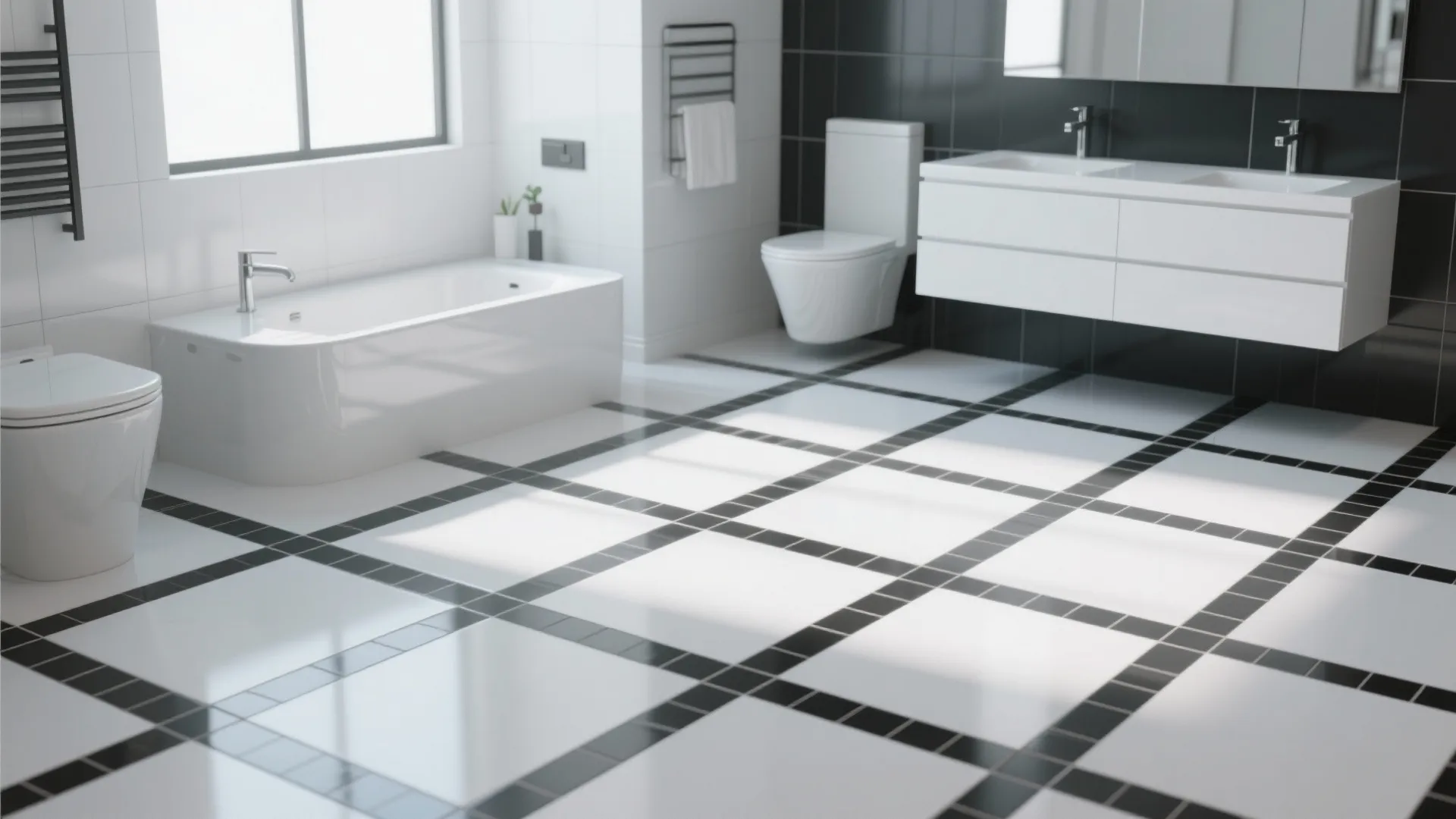 4. Monochrome large-format tiles with black grout lines