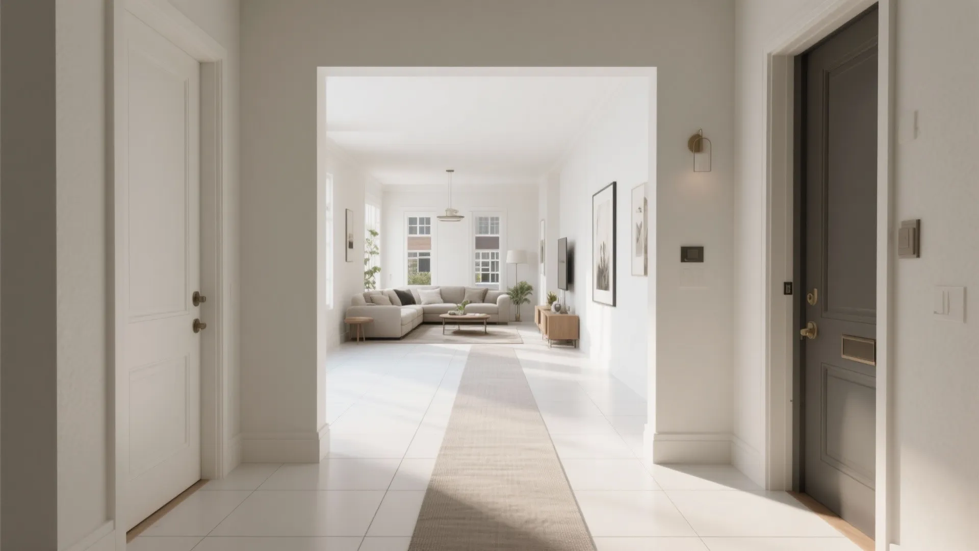 Bright hallway view looking into a white living room with beige sofa and large windows